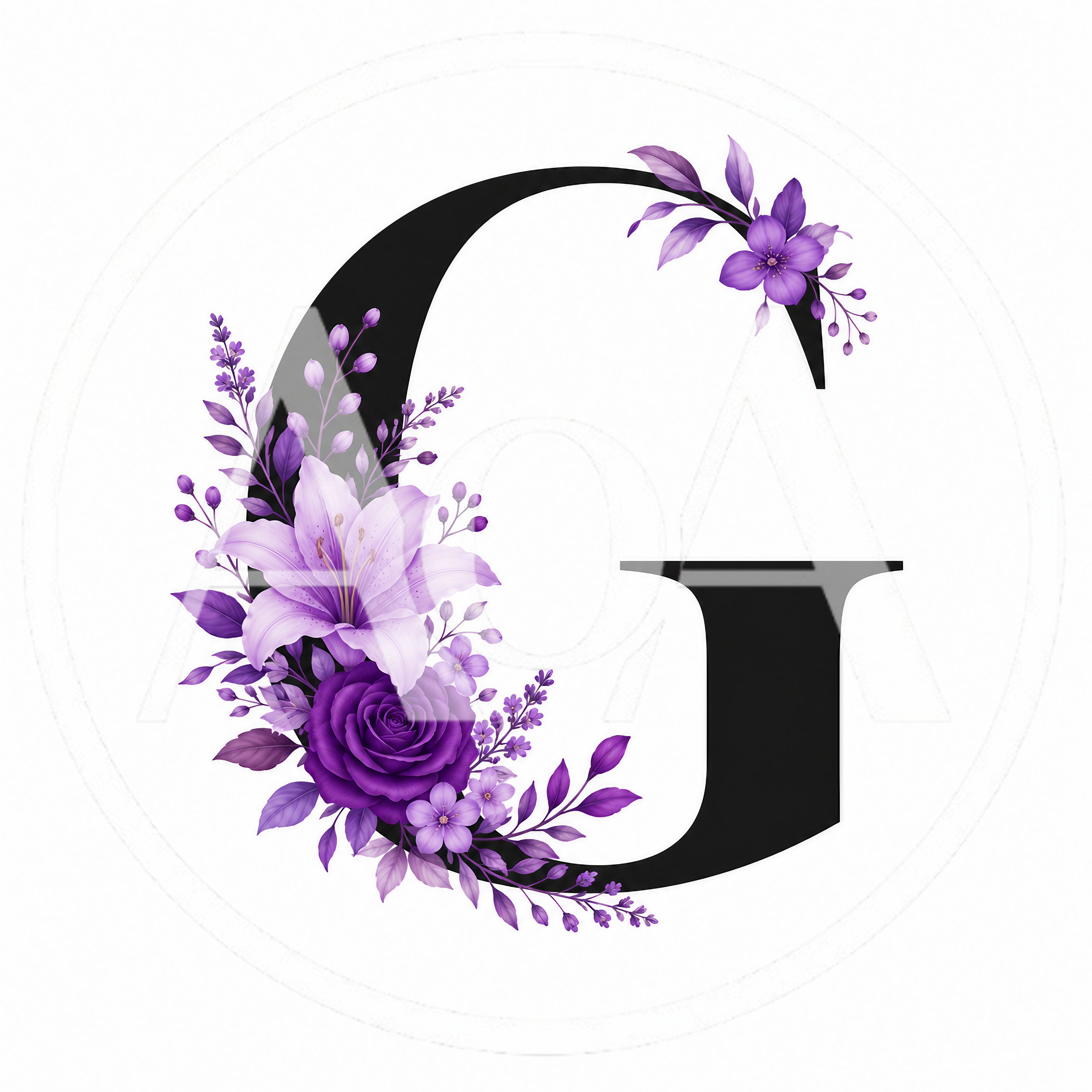 Floral Letter G With Purple Flowers And Leaves