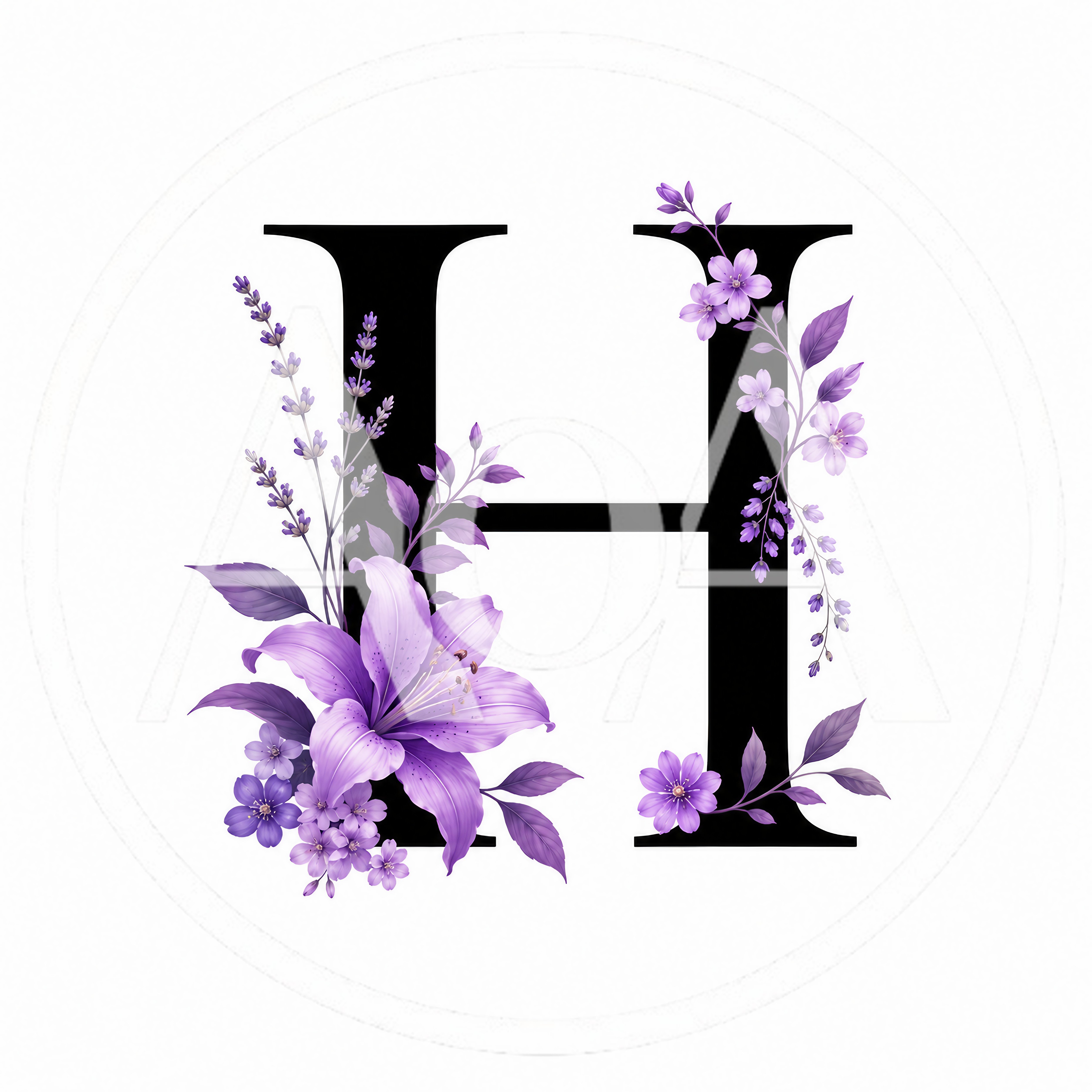 Letter H Decorated With Purple Lilies And Lavender