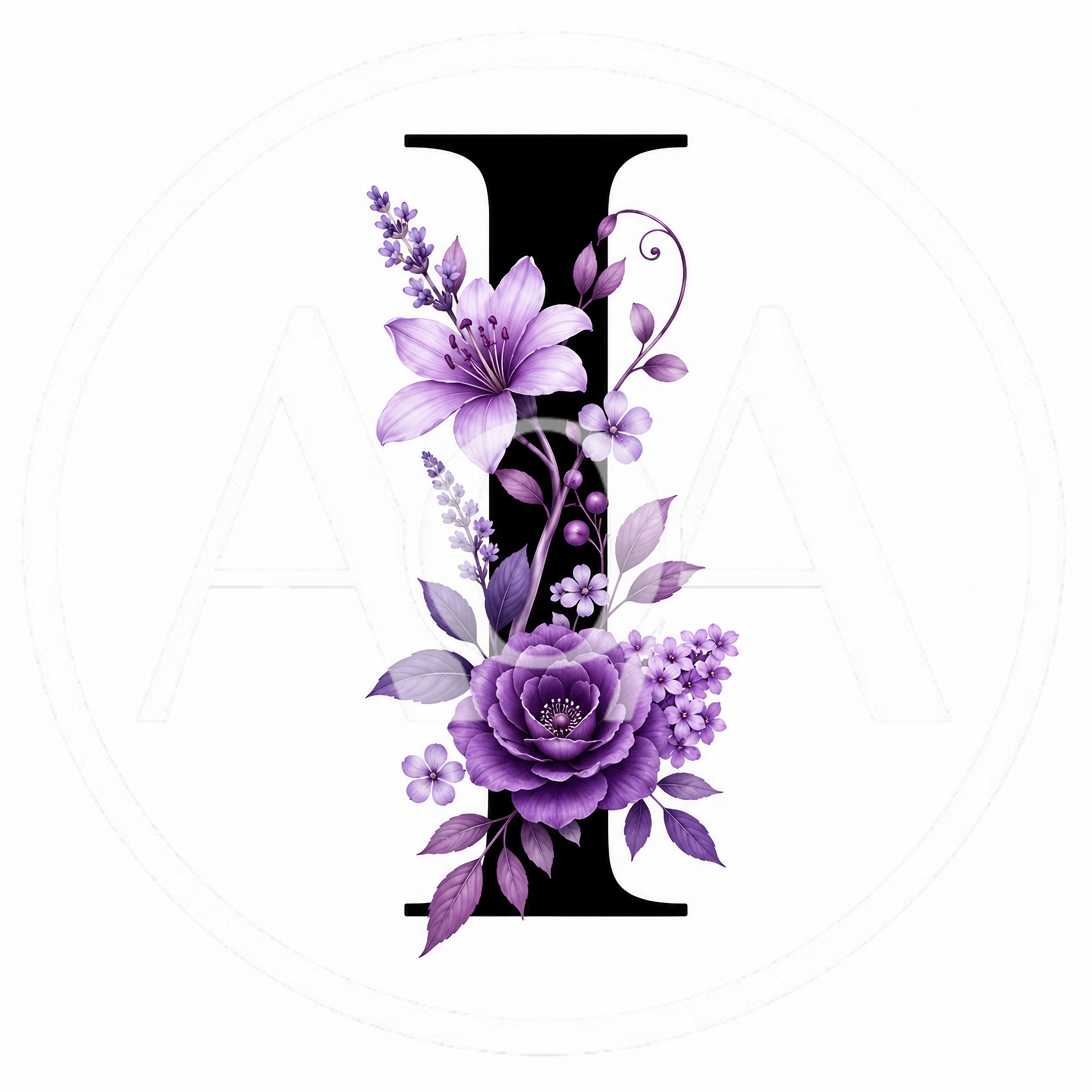 Decorative Letter I With Purple Floral Arrangement