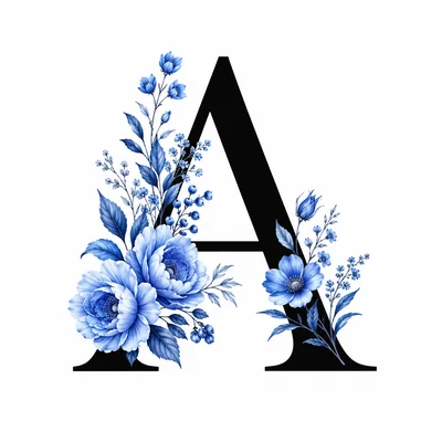 Letter A Decorated With Blue Floral Botanical Elements
