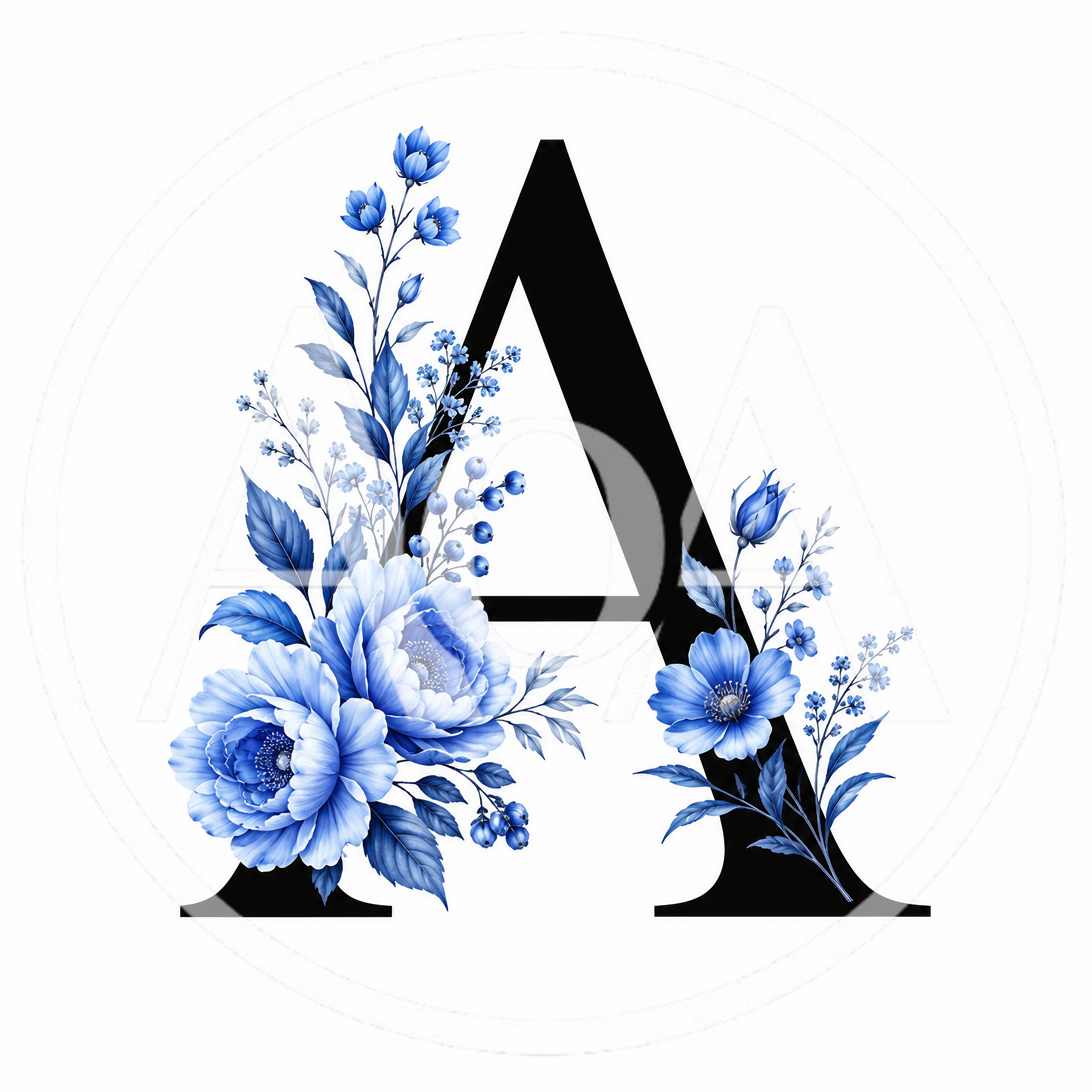 Letter A Decorated With Blue Floral Botanical Elements