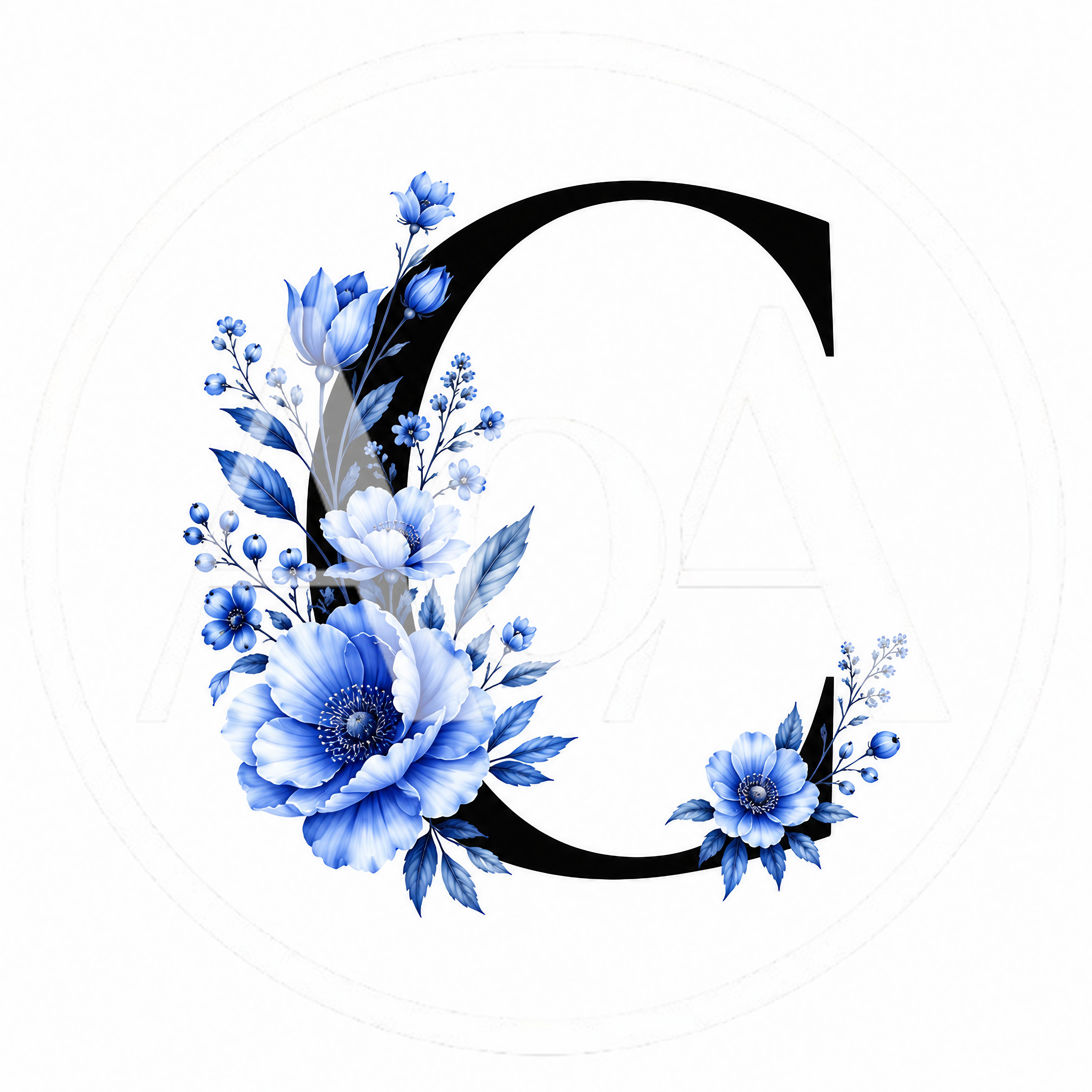 Elegant Letter C Decorated With Blue Floral Arrangements