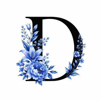 Decorative Letter D With Blue Floral Illustration