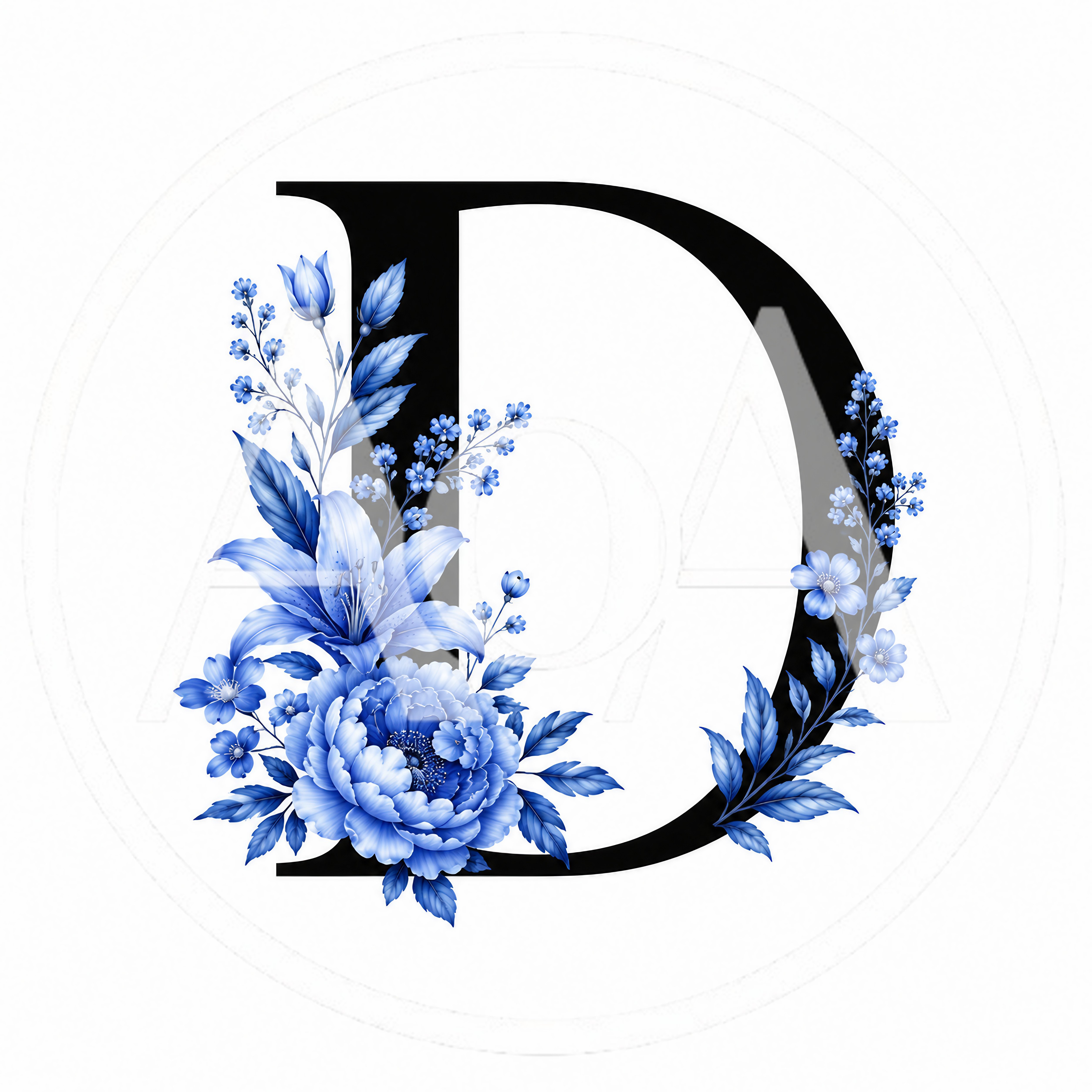 Decorative Letter D With Blue Floral Illustration