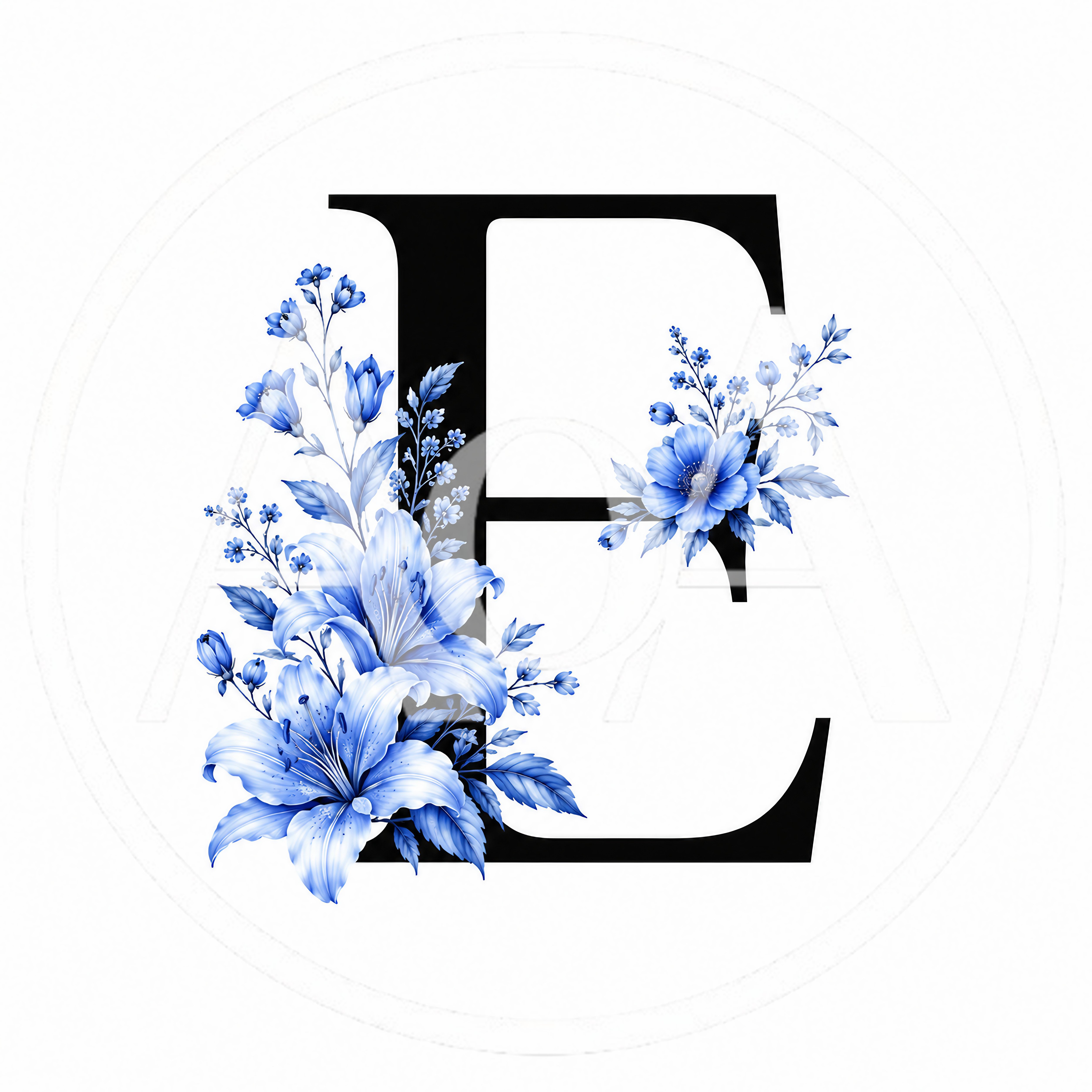 Elegant Letter E Decorated With Blue Floral Arrangements