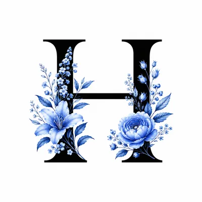 Decorative Letter H With Blue Floral Ornament