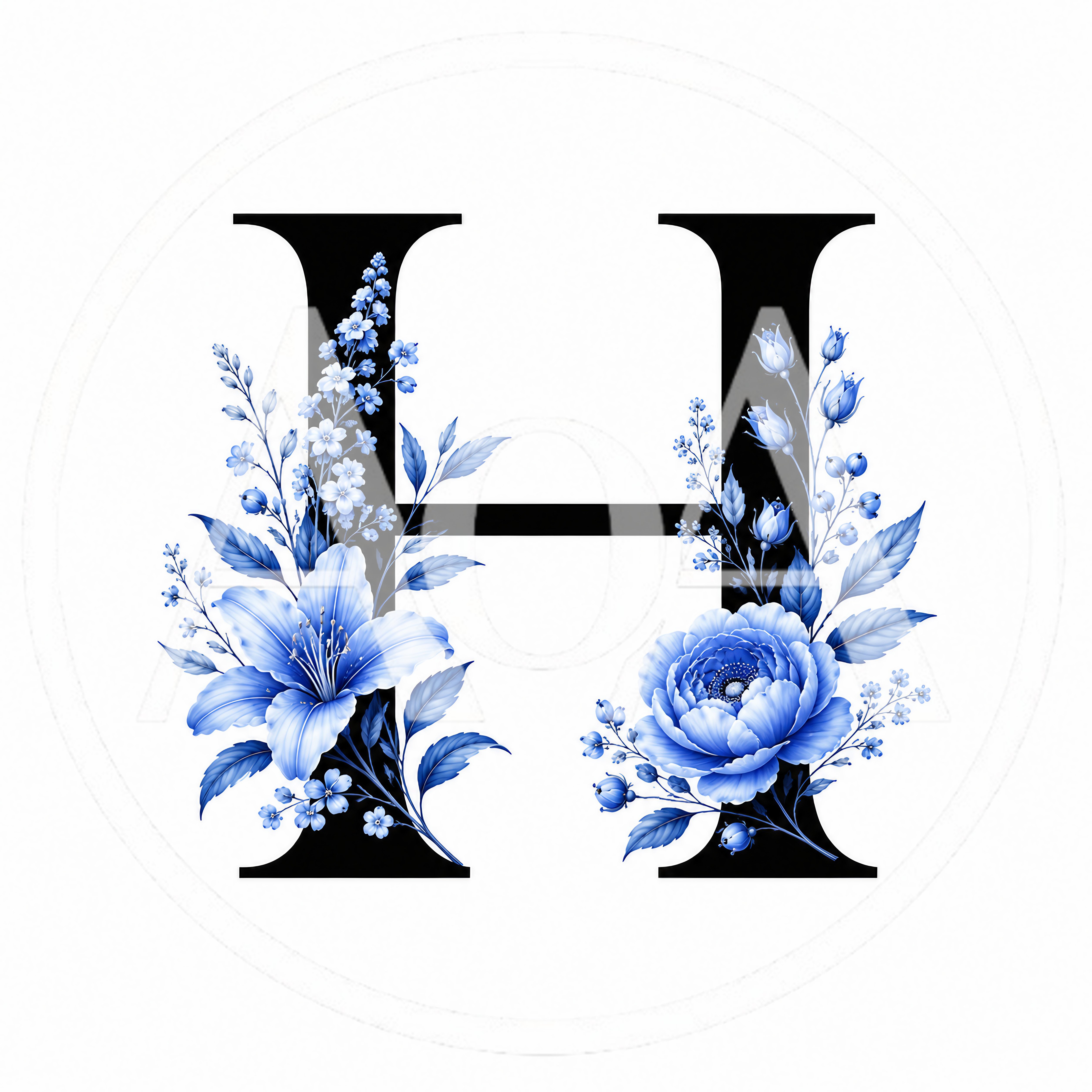 Decorative Letter H With Blue Floral Ornament