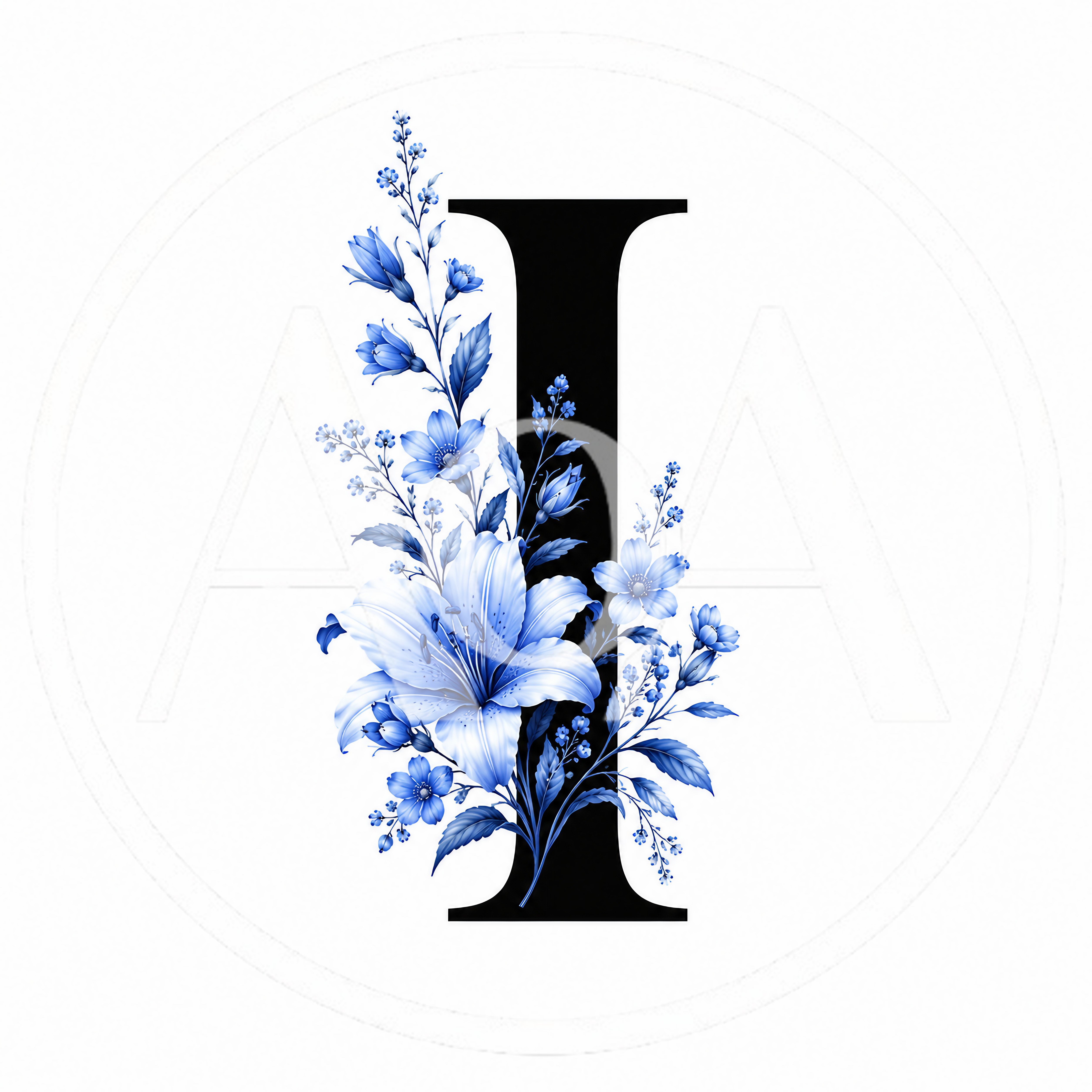 Elegant Letter I Decorated With Blue Floral Arrangement