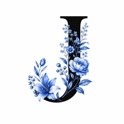 Decorative Letter J With Blue Floral Illustration