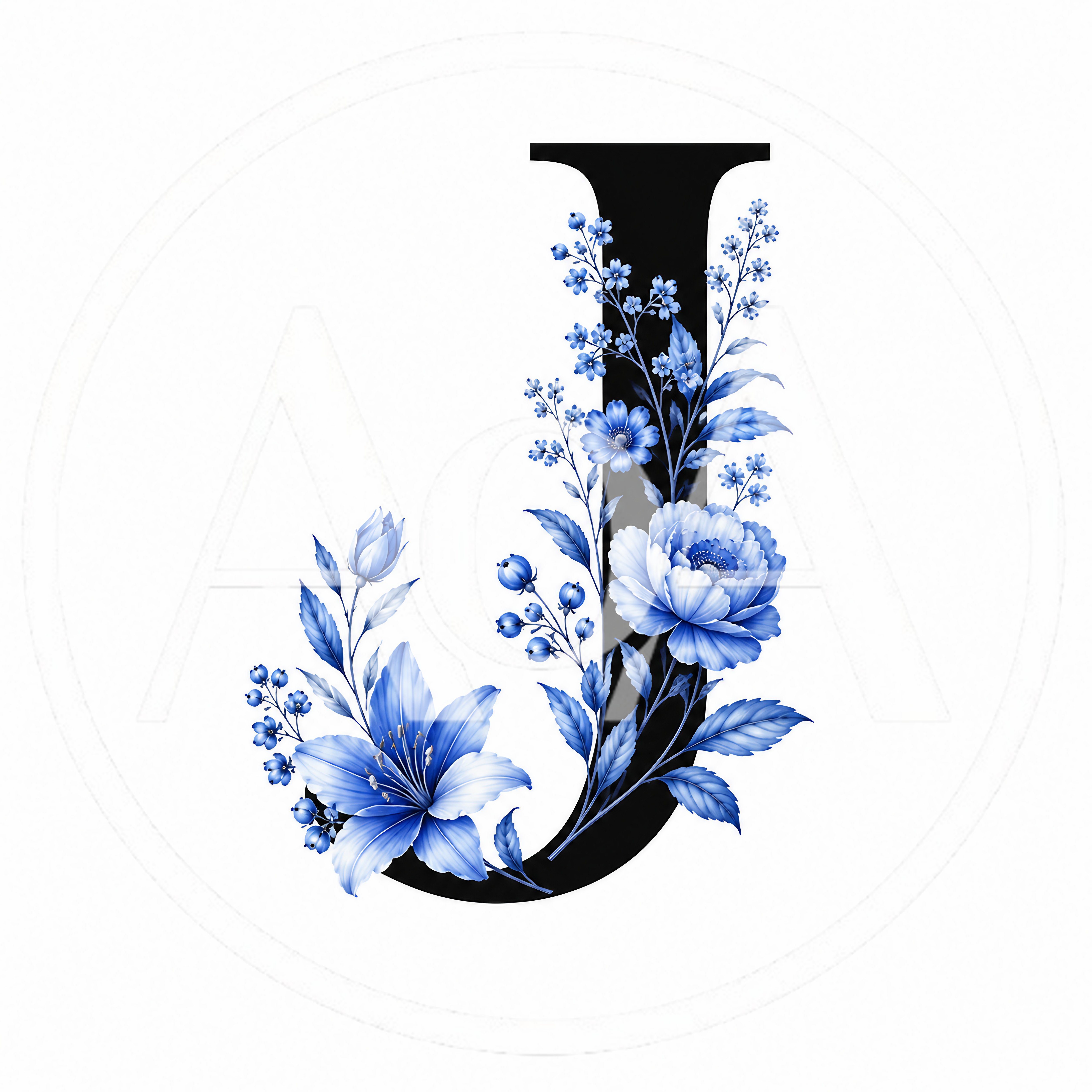 Decorative Letter J With Blue Floral Illustration
