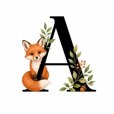 Decorative Letter A With Cute Fox And Botanical Elements