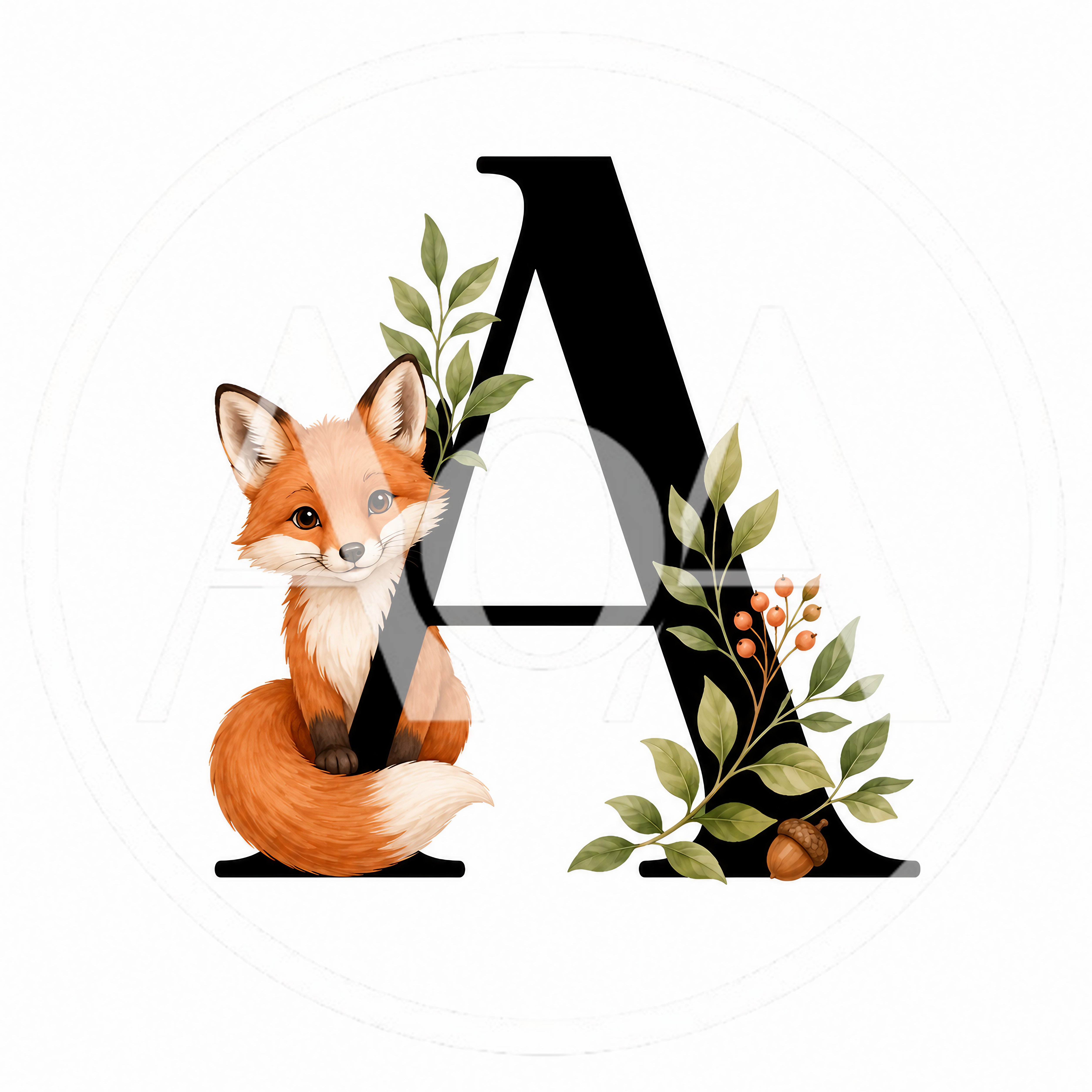 Decorative Letter A With Cute Fox And Botanical Elements