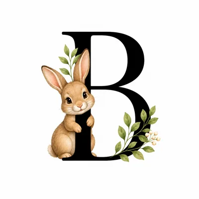 Cute Bunny Rabbit With Letter B Floral Illustration