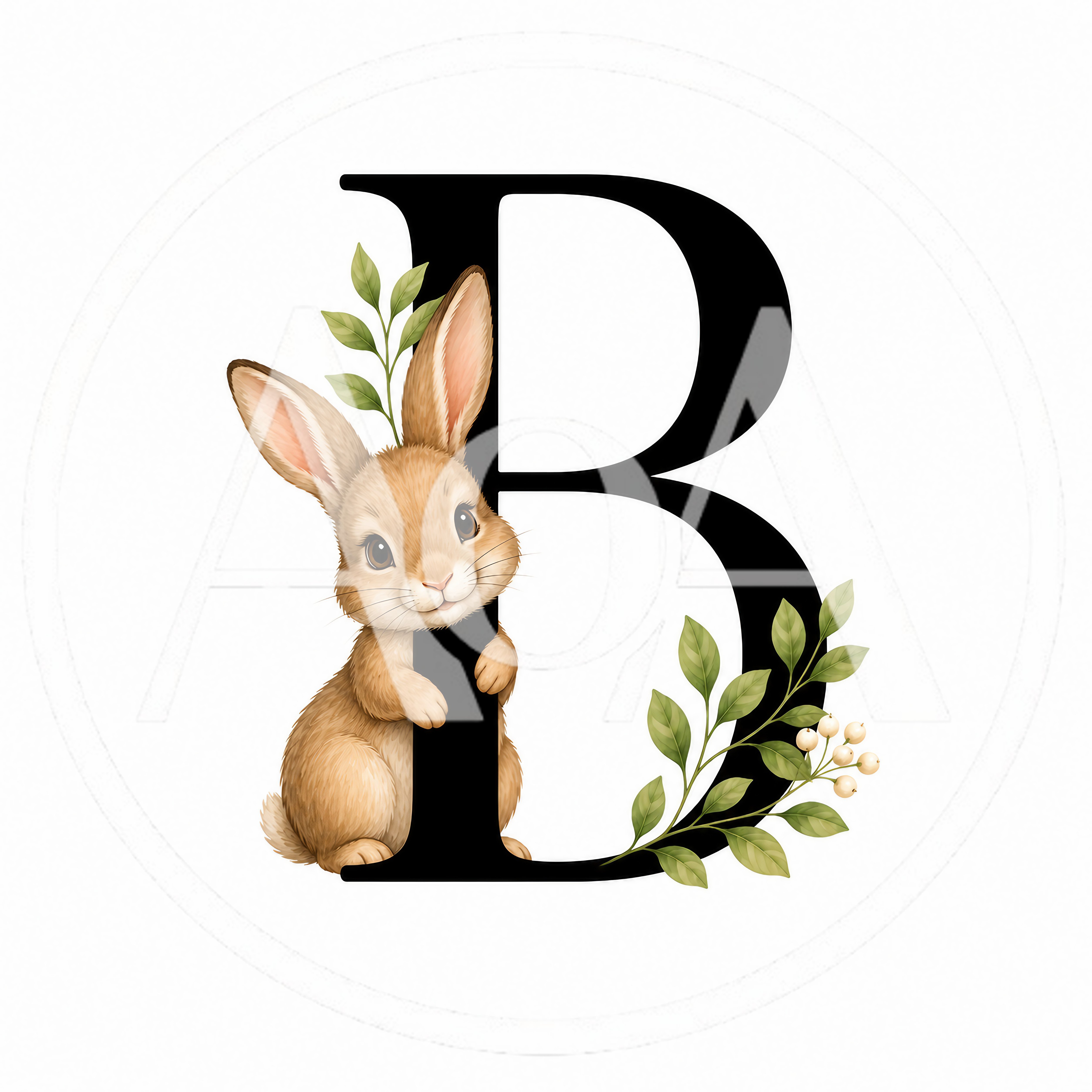 Cute Bunny Rabbit With Letter B Floral Illustration