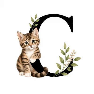 Cute Tabby Kitten With Letter C And Botanical Elements