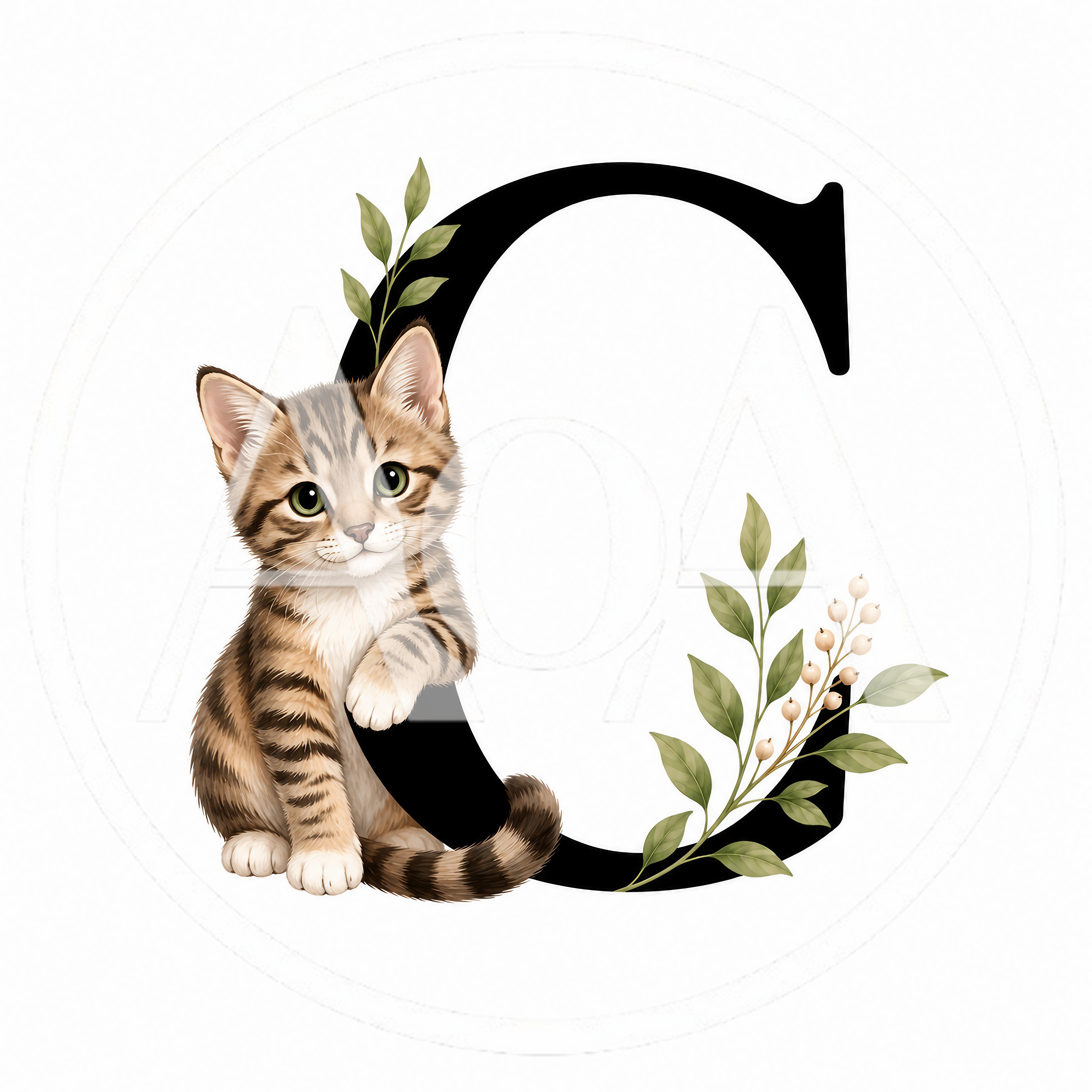 Cute Tabby Kitten With Letter C And Botanical Elements