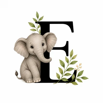 Cute Baby Elephant With Letter E And Greenery
