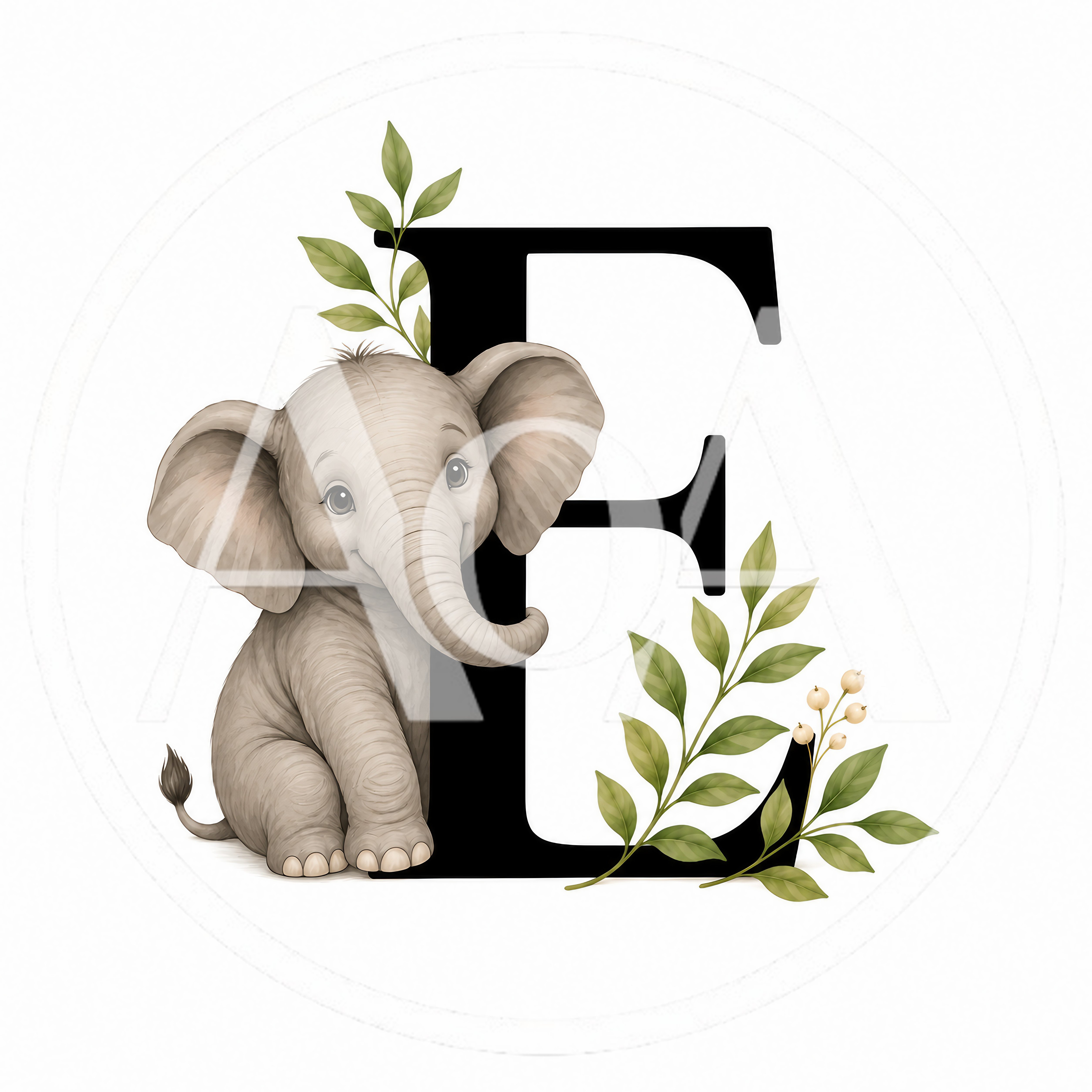 Cute Baby Elephant With Letter E And Greenery