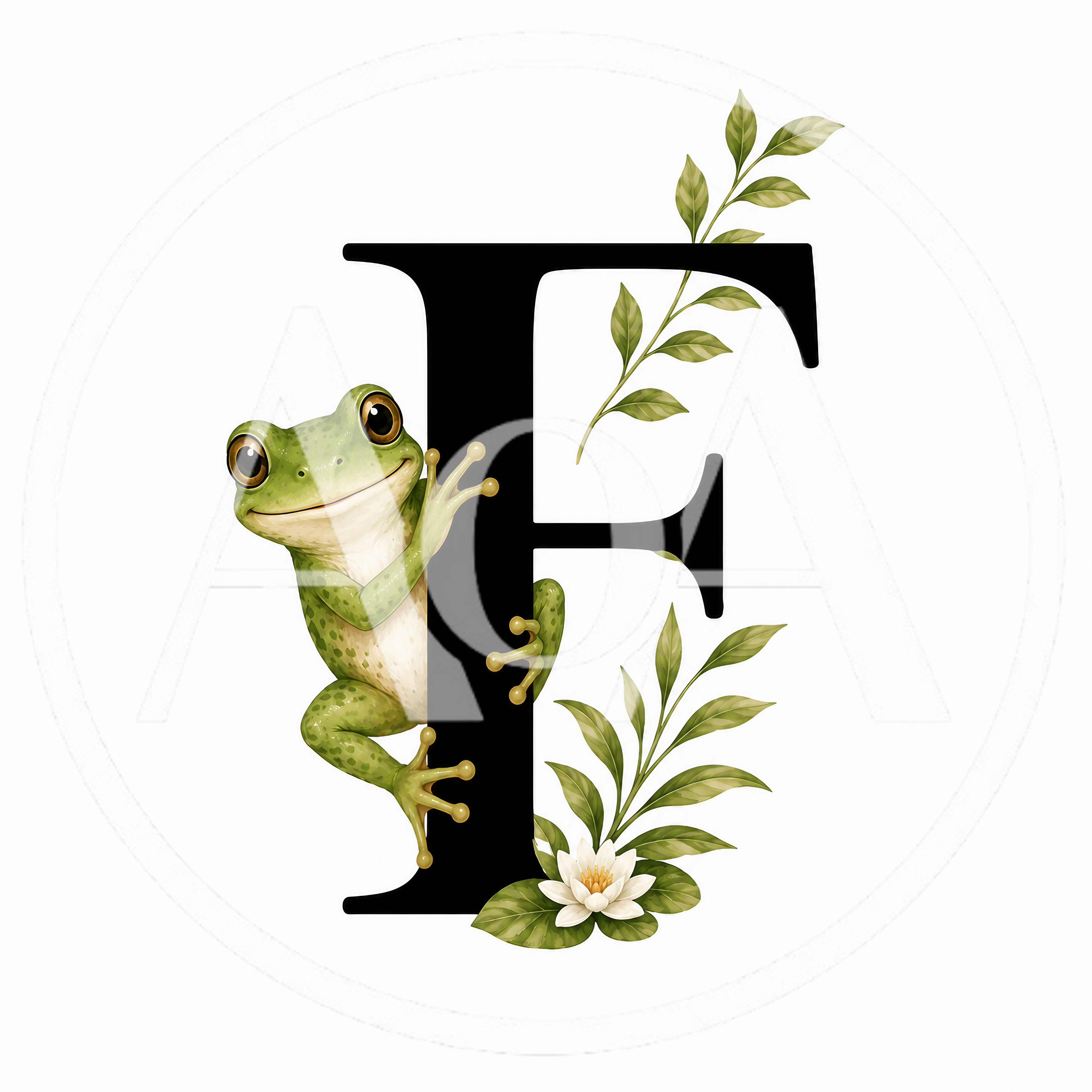 Cute Green Frog Clinging To Letter F