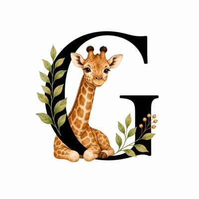 Cute Baby Giraffe With Letter G And Botanical Elements