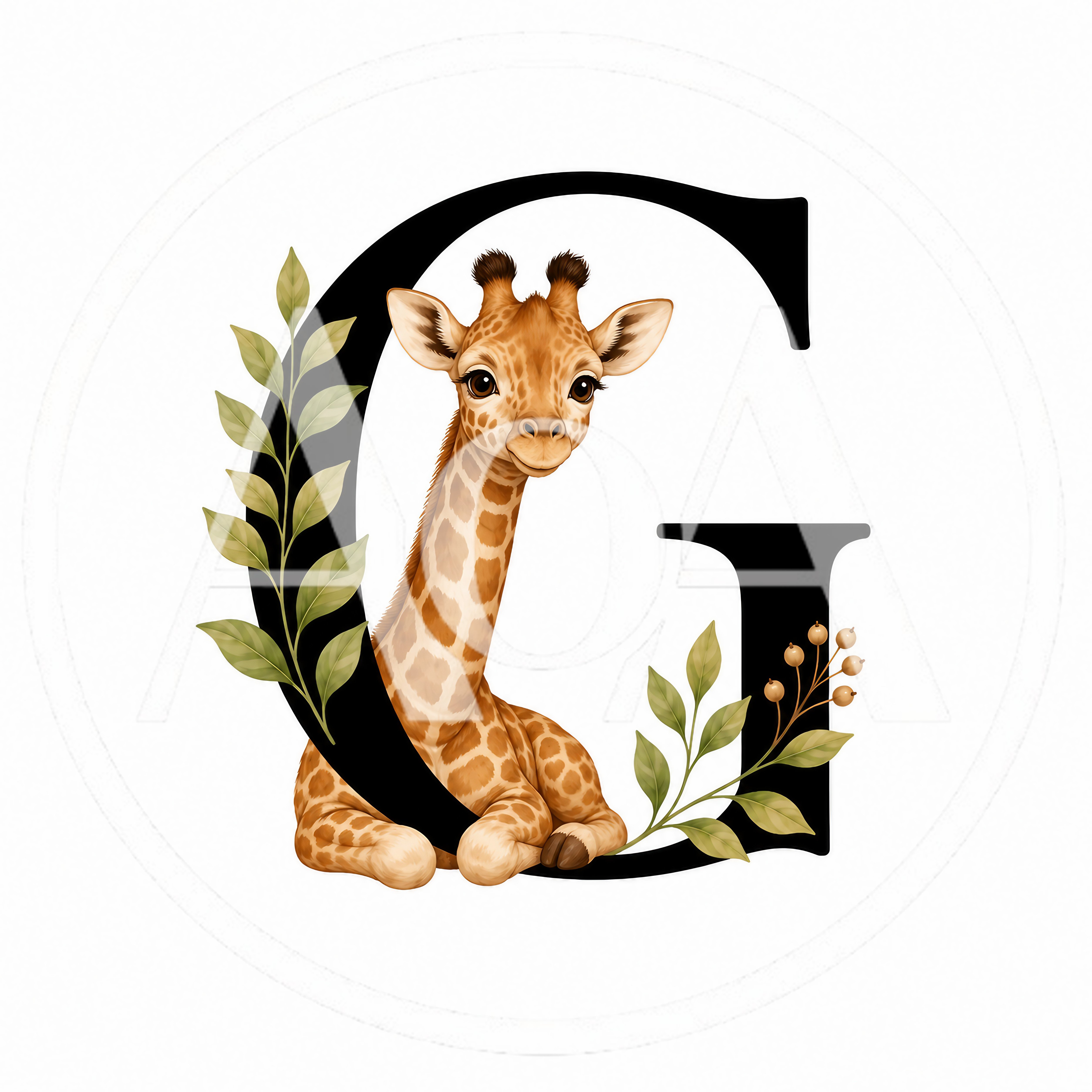 Cute Baby Giraffe With Letter G And Botanical Elements