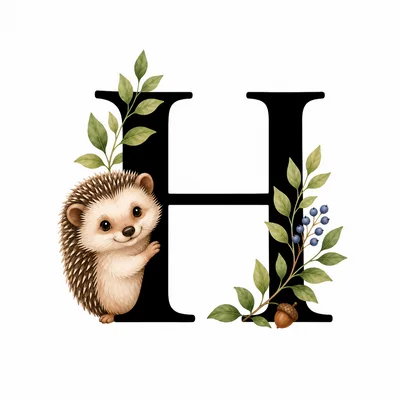Cute Hedgehog With Letter H And Botanical Elements