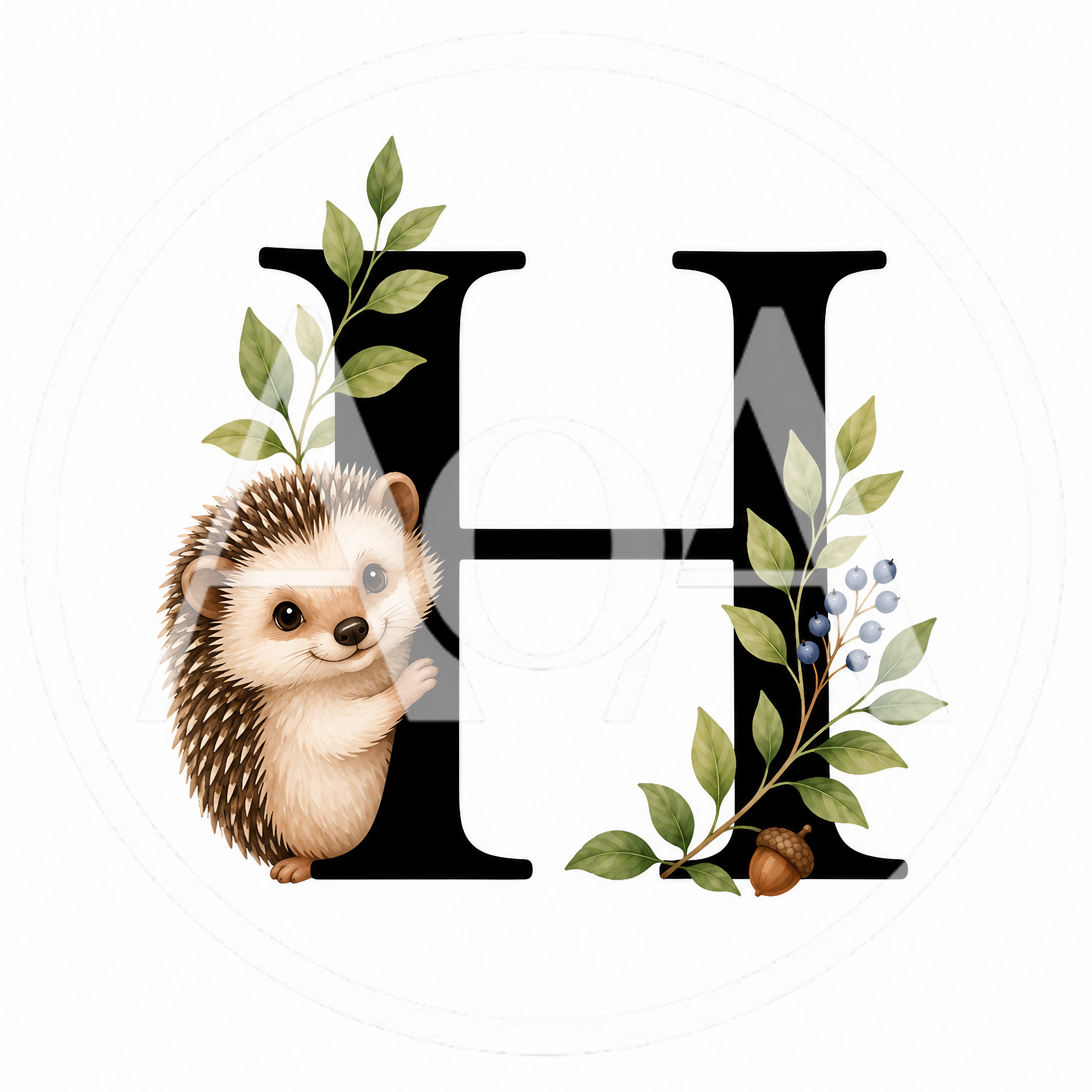 Cute Hedgehog With Letter H And Botanical Elements