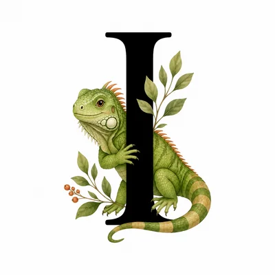Green Iguana With Letter I And Botanical Elements
