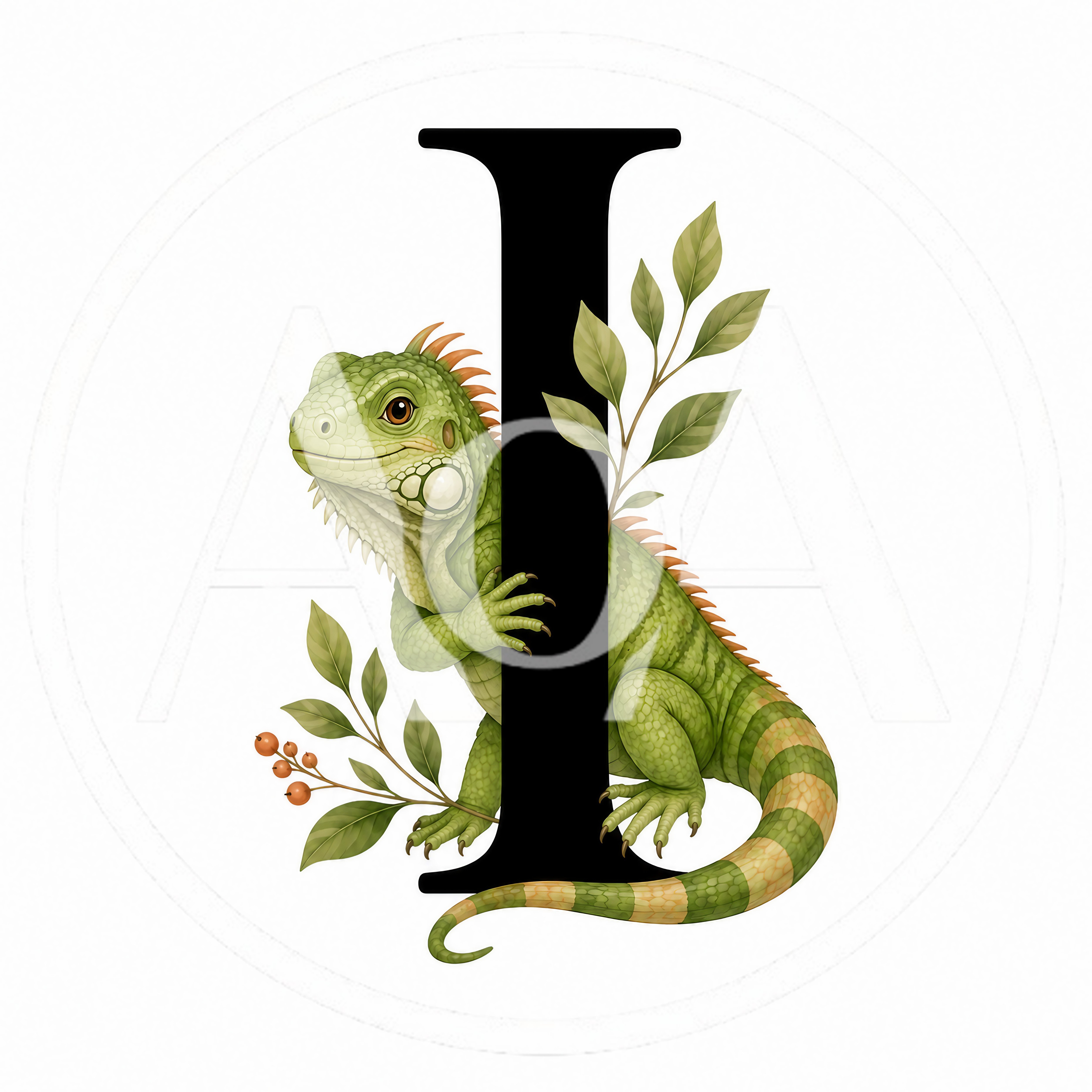 Green Iguana With Letter I And Botanical Elements
