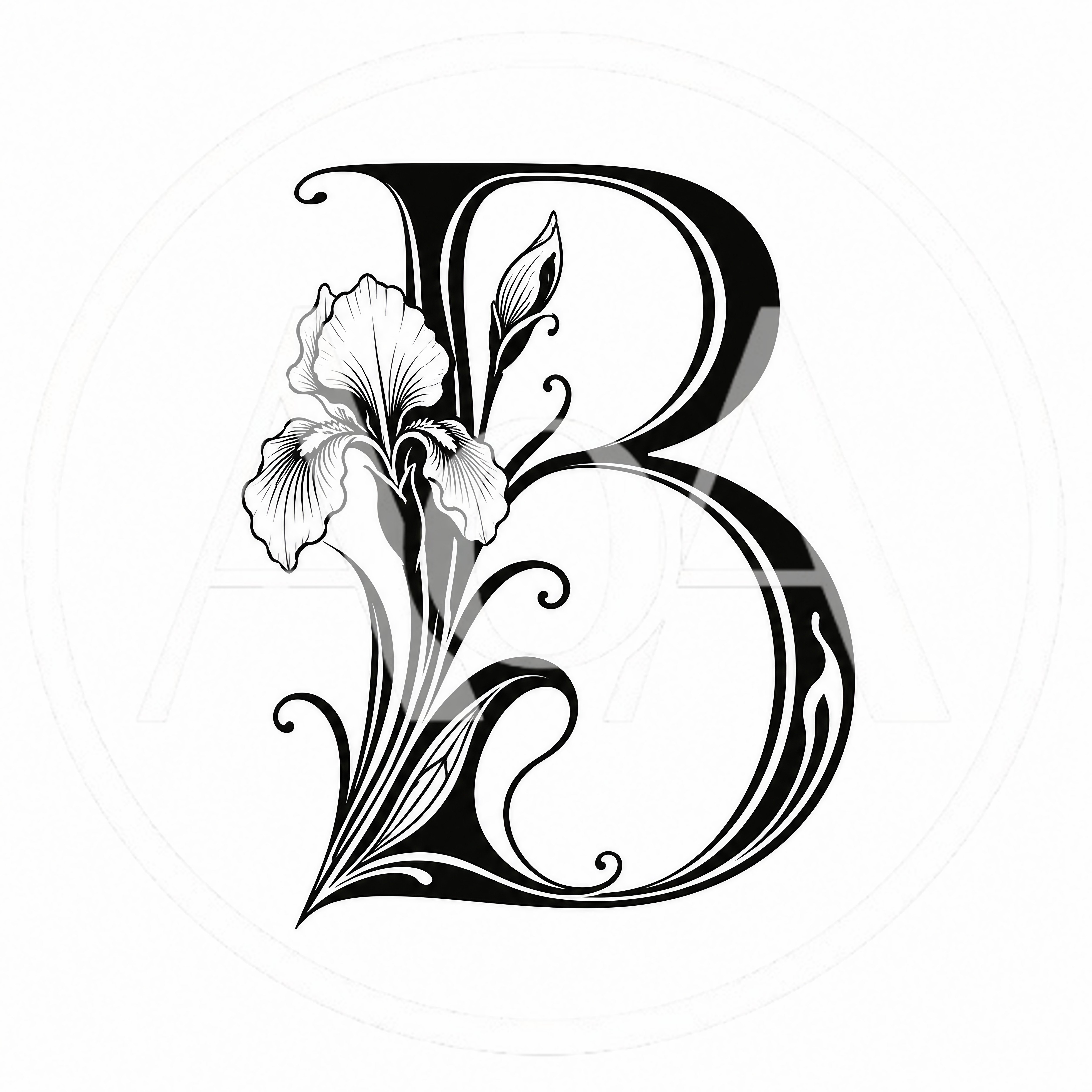 Elegant Letter B With Floral Iris Illustration