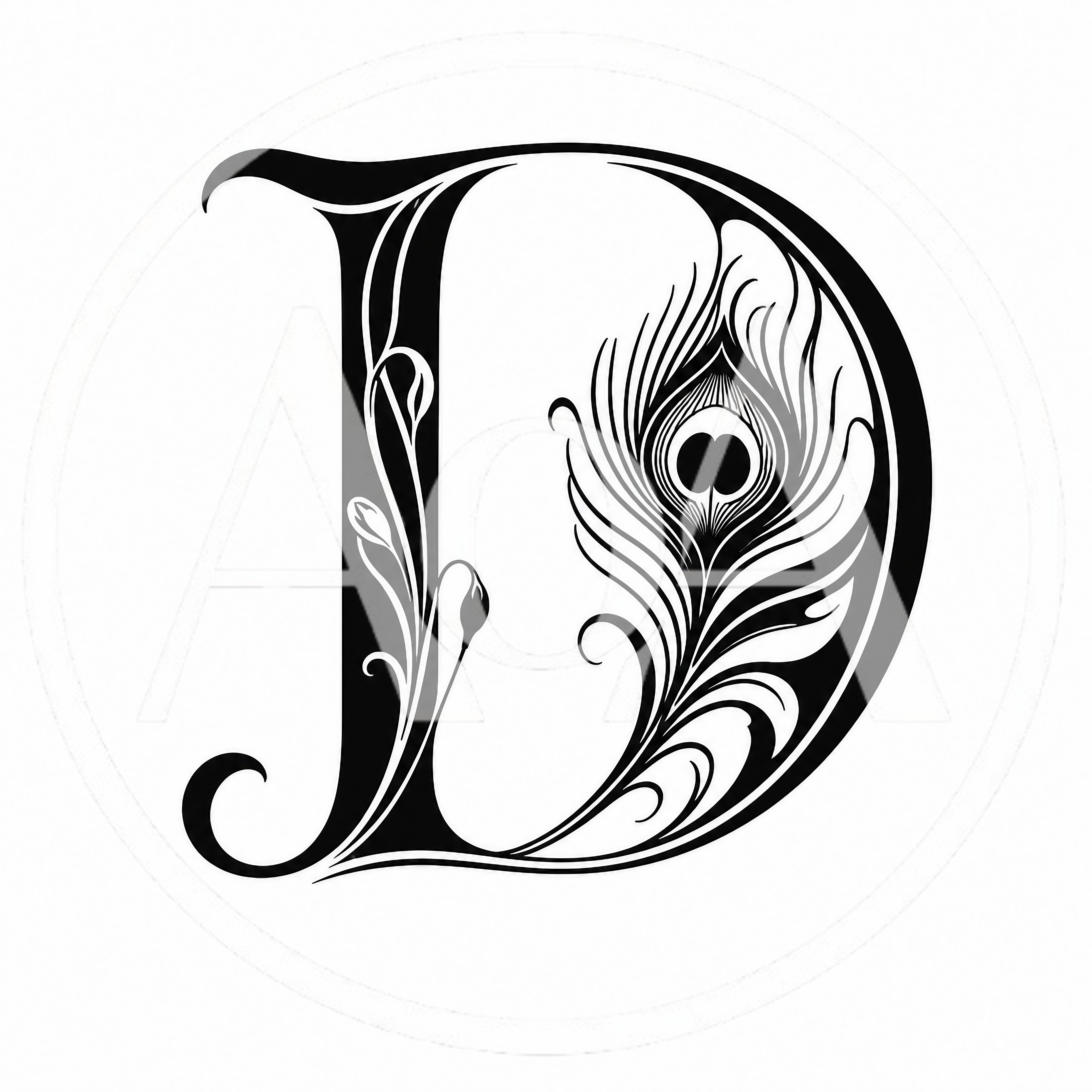 Decorative Letter D With Peacock Feather Illustration