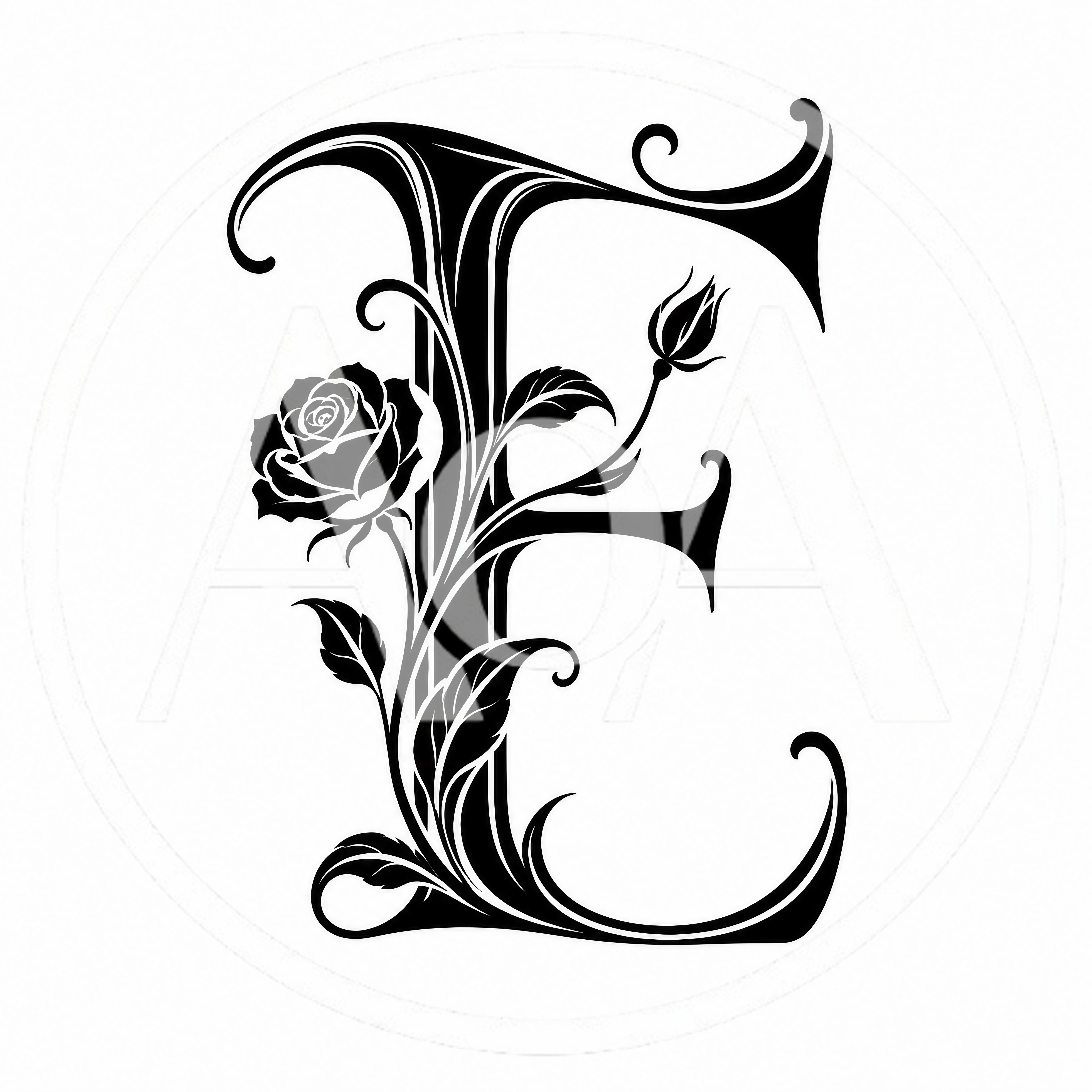 Decorative Letter E With Floral Rose Ornament
