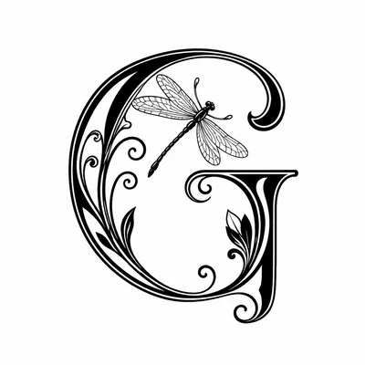 Ornate Letter G With Dragonfly Illustration