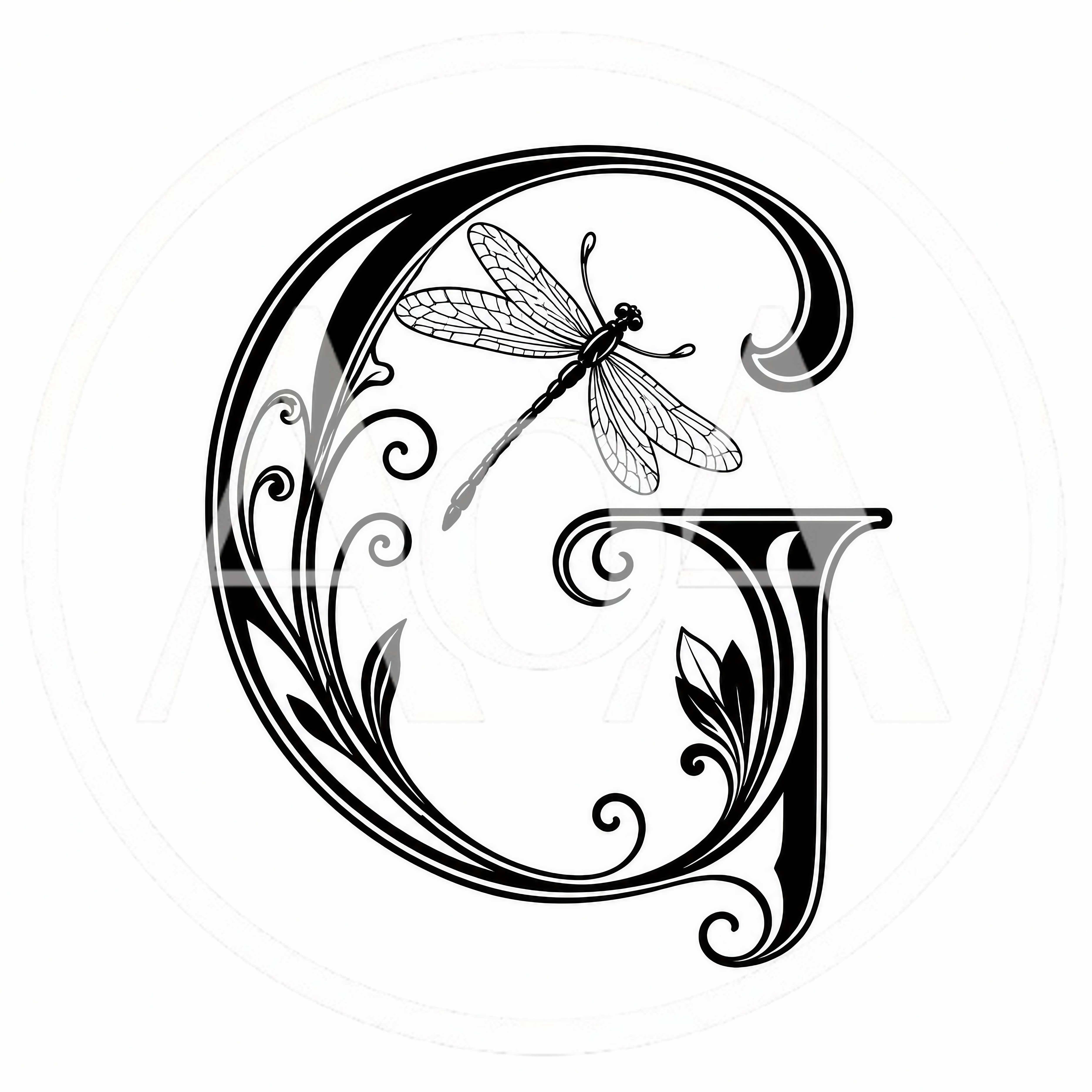 Ornate Letter G With Dragonfly Illustration