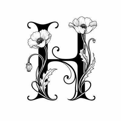 Decorative Letter H With Floral Poppy Illustration