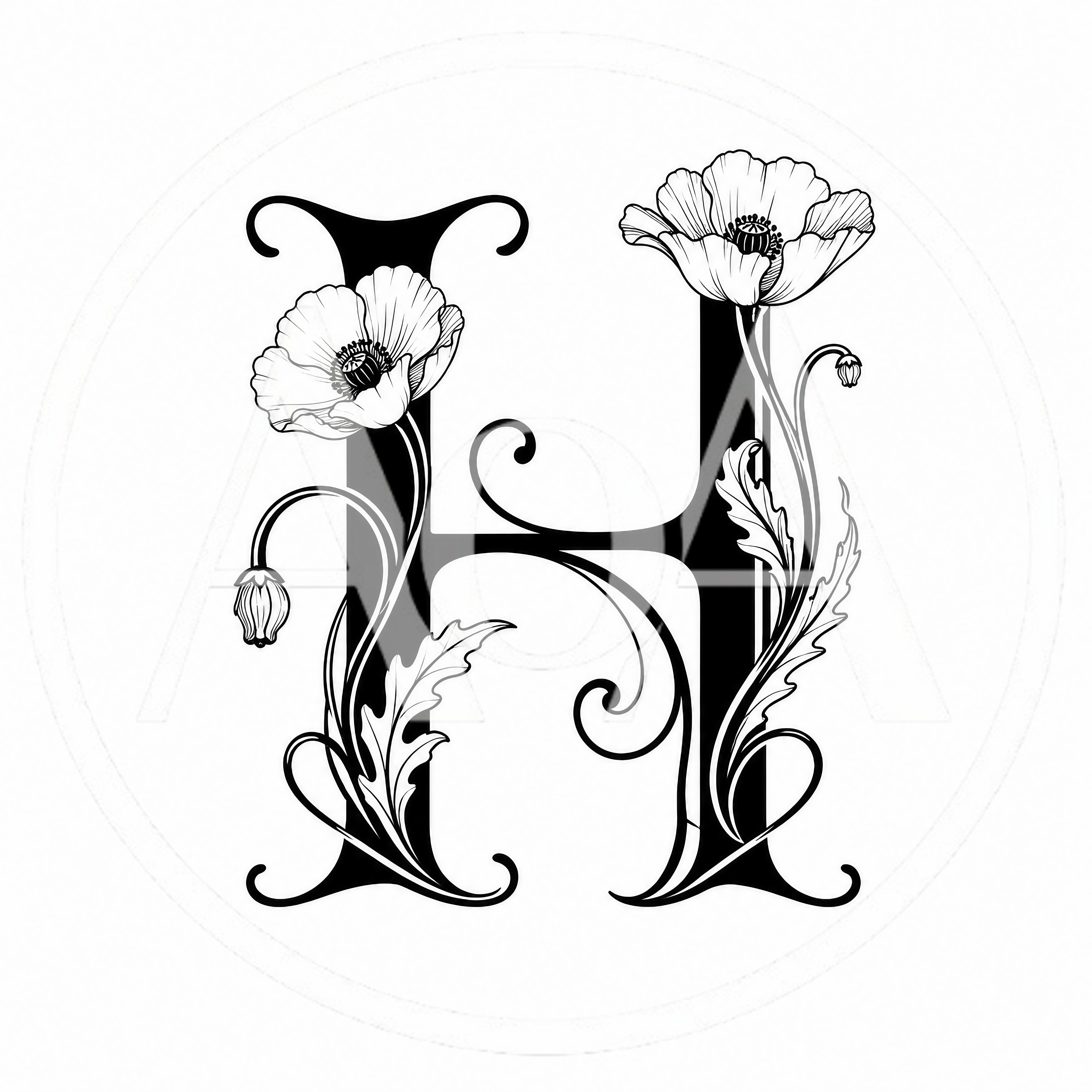 Decorative Letter H With Floral Poppy Illustration