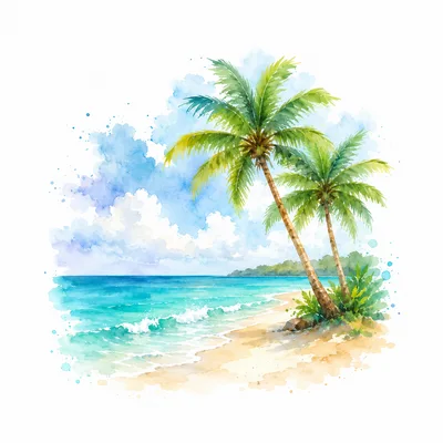 Watercolor Painting Of Tropical Beach With Palm Trees