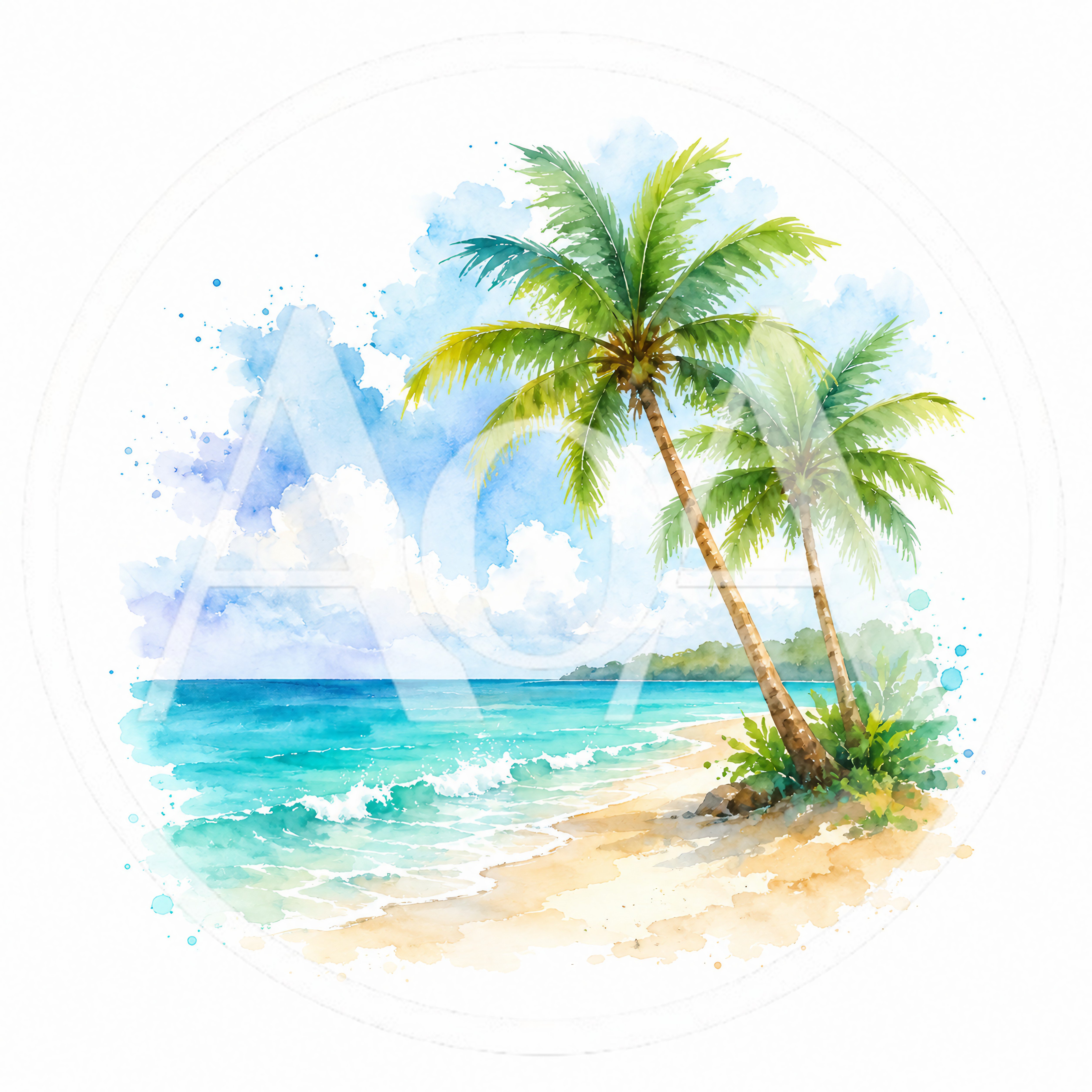Watercolor Painting Of Tropical Beach With Palm Trees