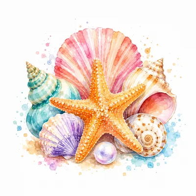 Watercolor Illustration Of Seashells And Starfish