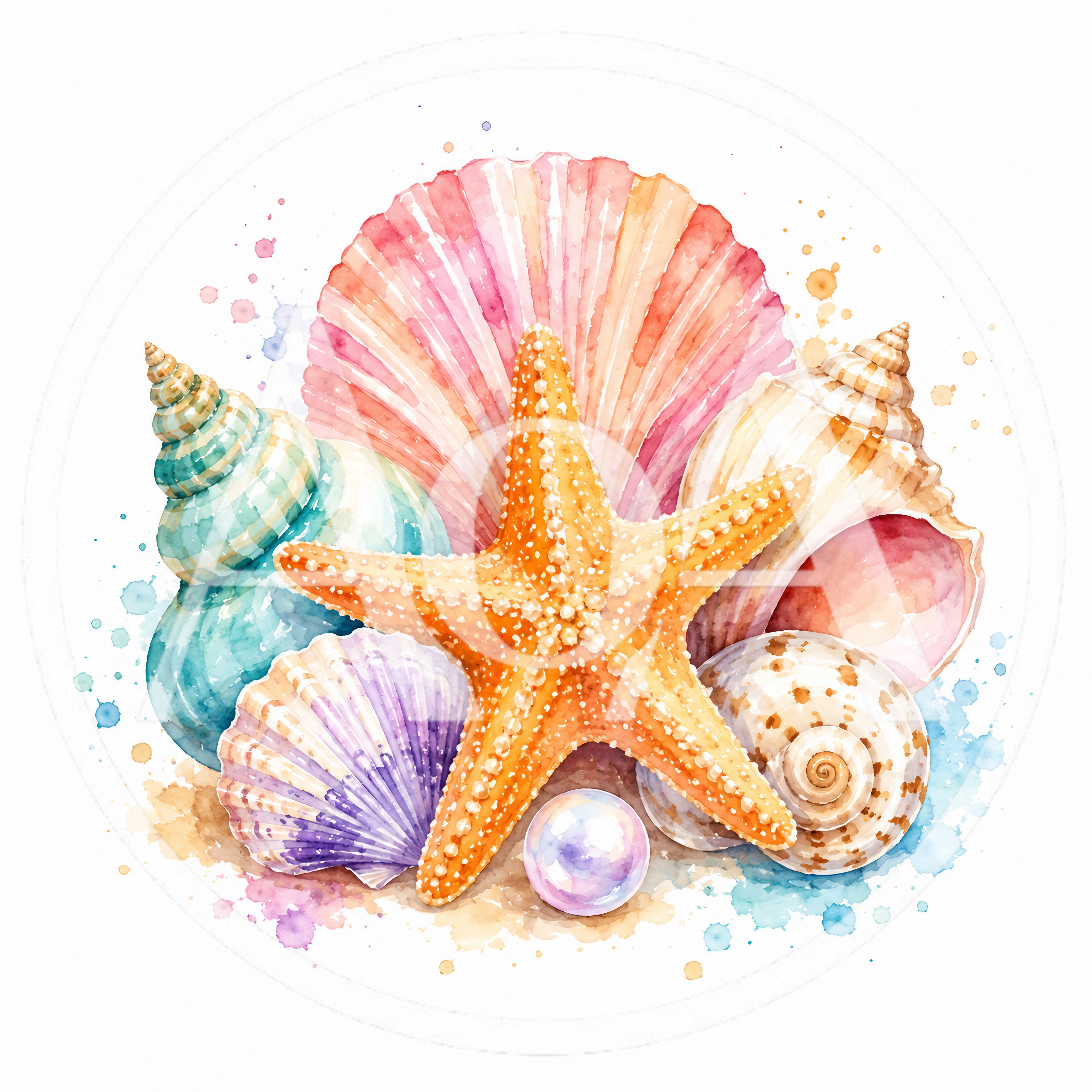 Watercolor Illustration Of Seashells And Starfish
