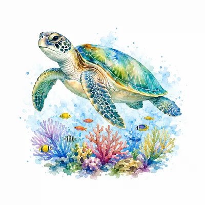 Watercolor Sea Turtle Swimming Over Vibrant Coral Reef