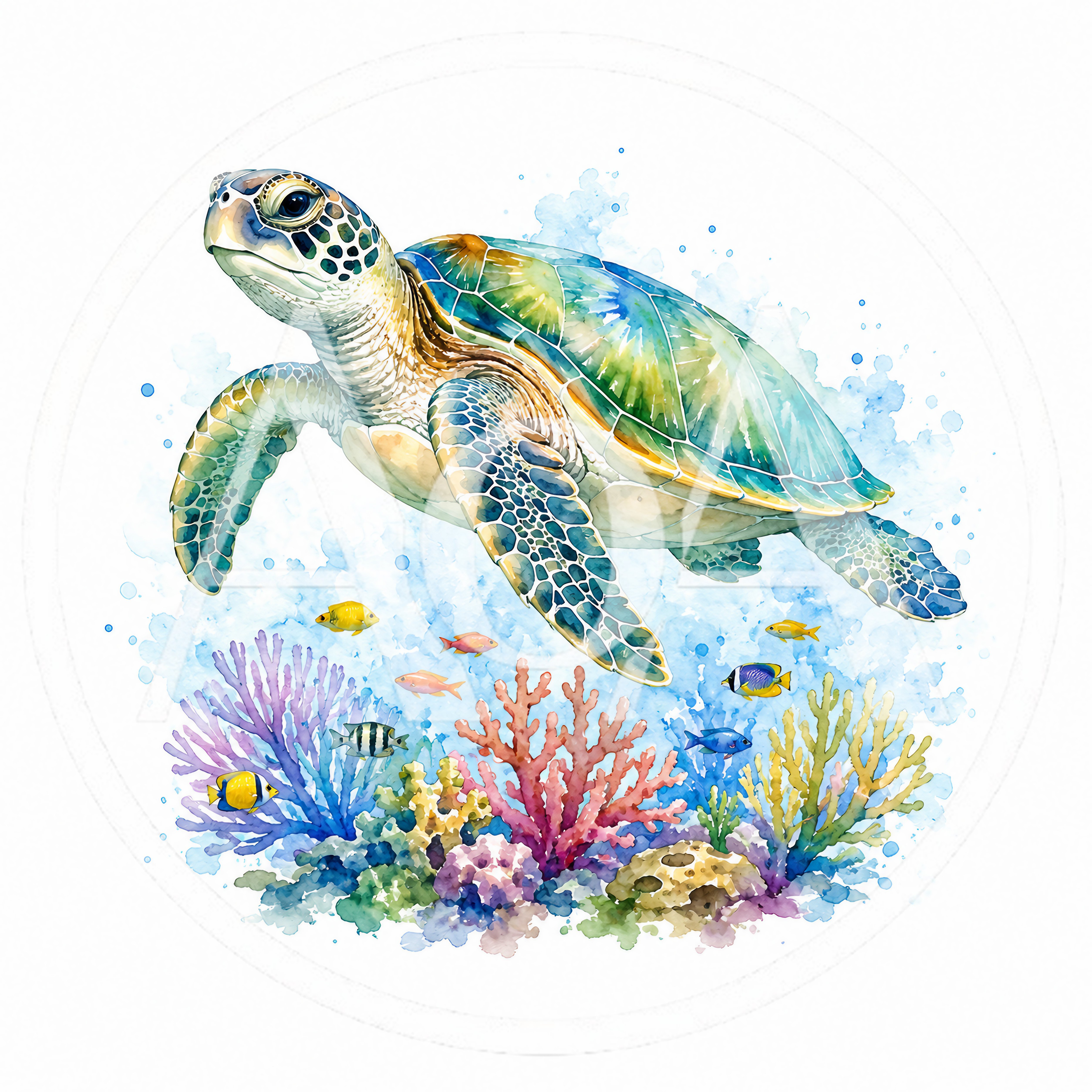 Watercolor Sea Turtle Swimming Over Vibrant Coral Reef