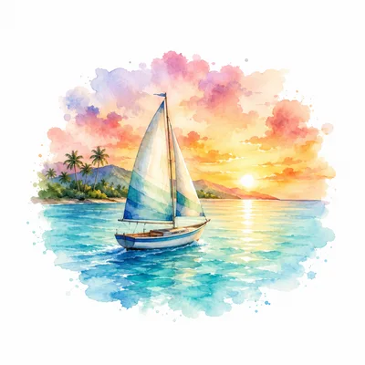 Watercolor Sailboat Sailing On Tropical Ocean At Sunset