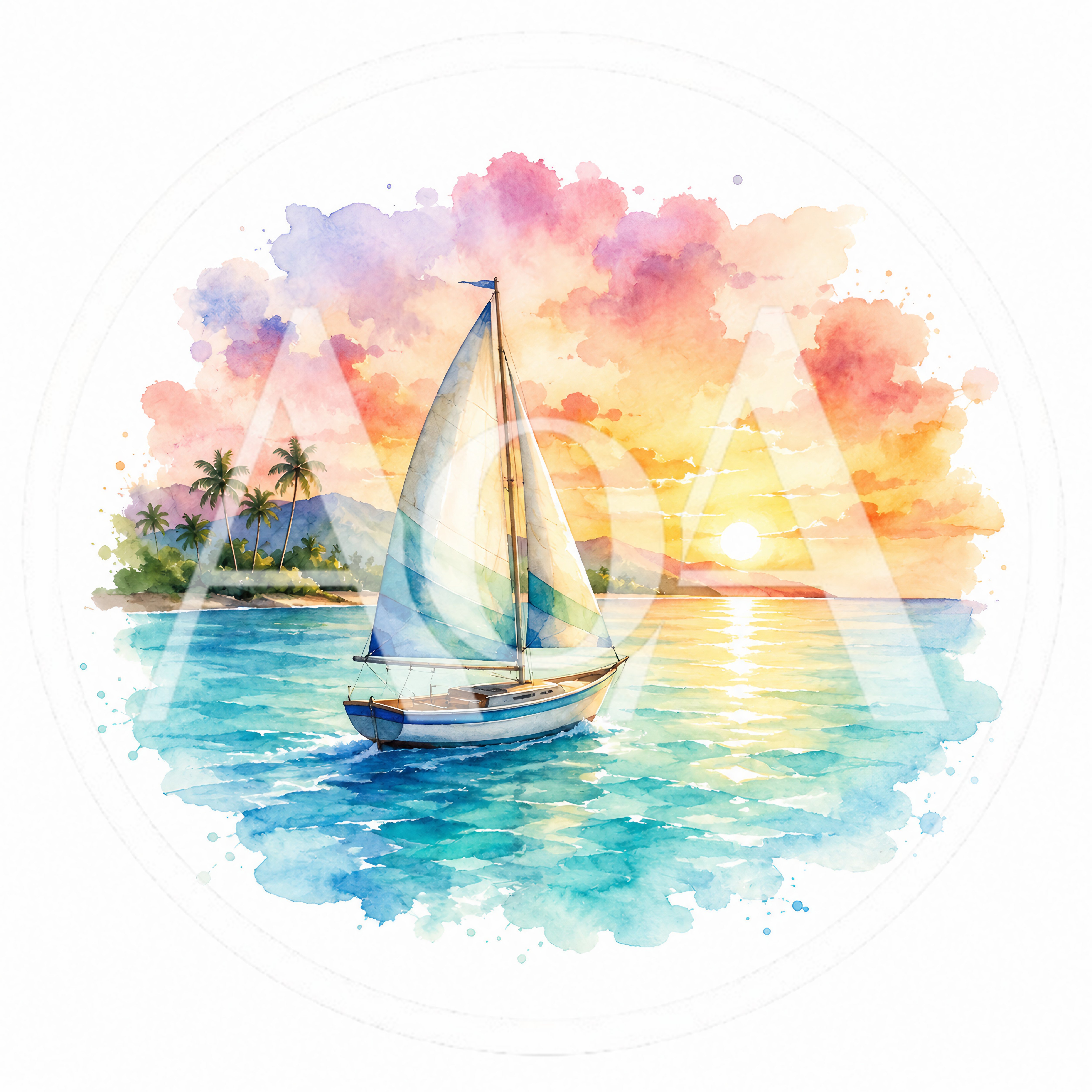 Watercolor Sailboat Sailing On Tropical Ocean At Sunset