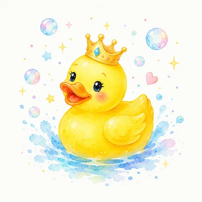 Cute Watercolor Rubber Duck Wearing A Golden Crown