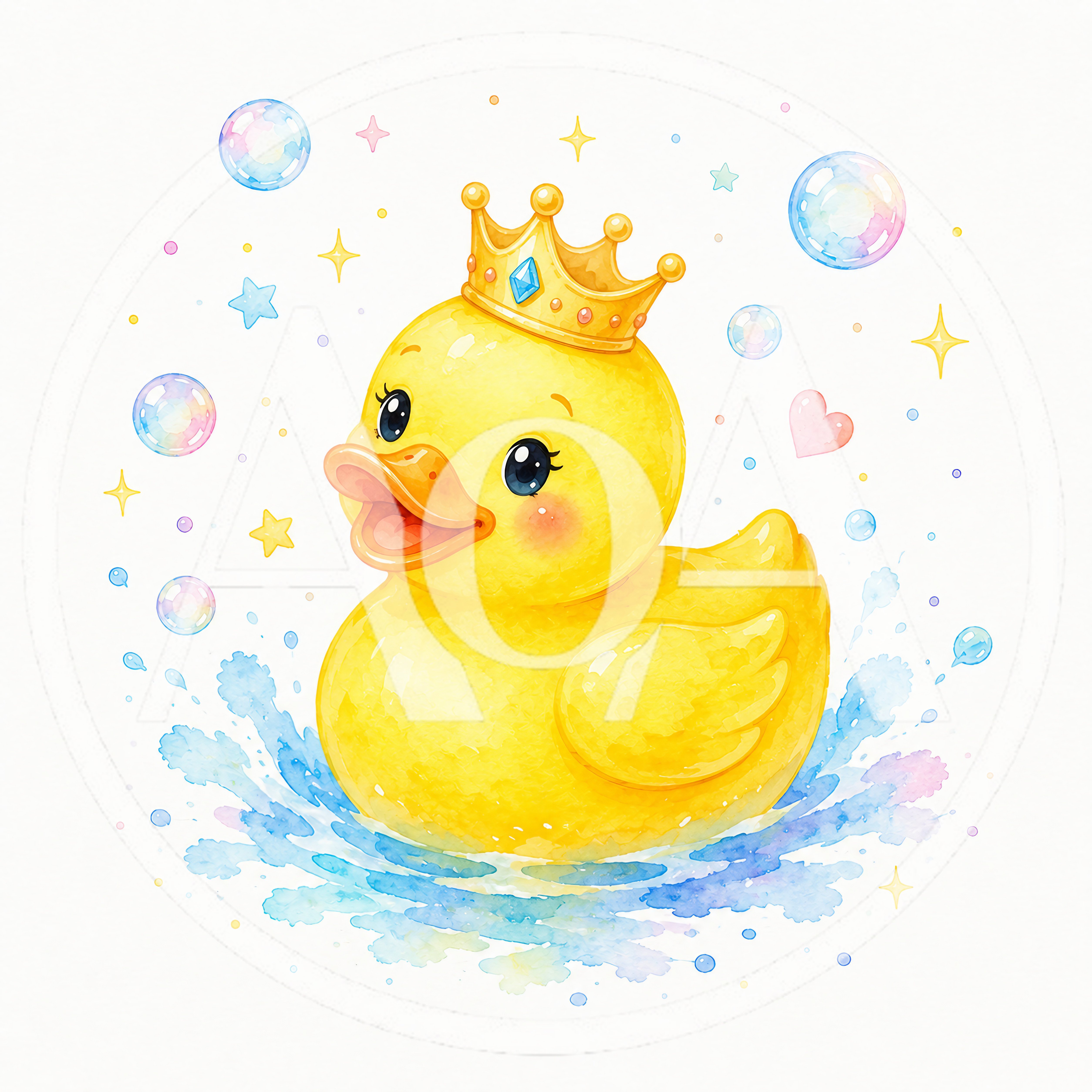 Cute Watercolor Rubber Duck Wearing A Golden Crown