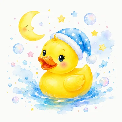 Cute Rubber Duck Wearing Nightcap In Watercolor Style