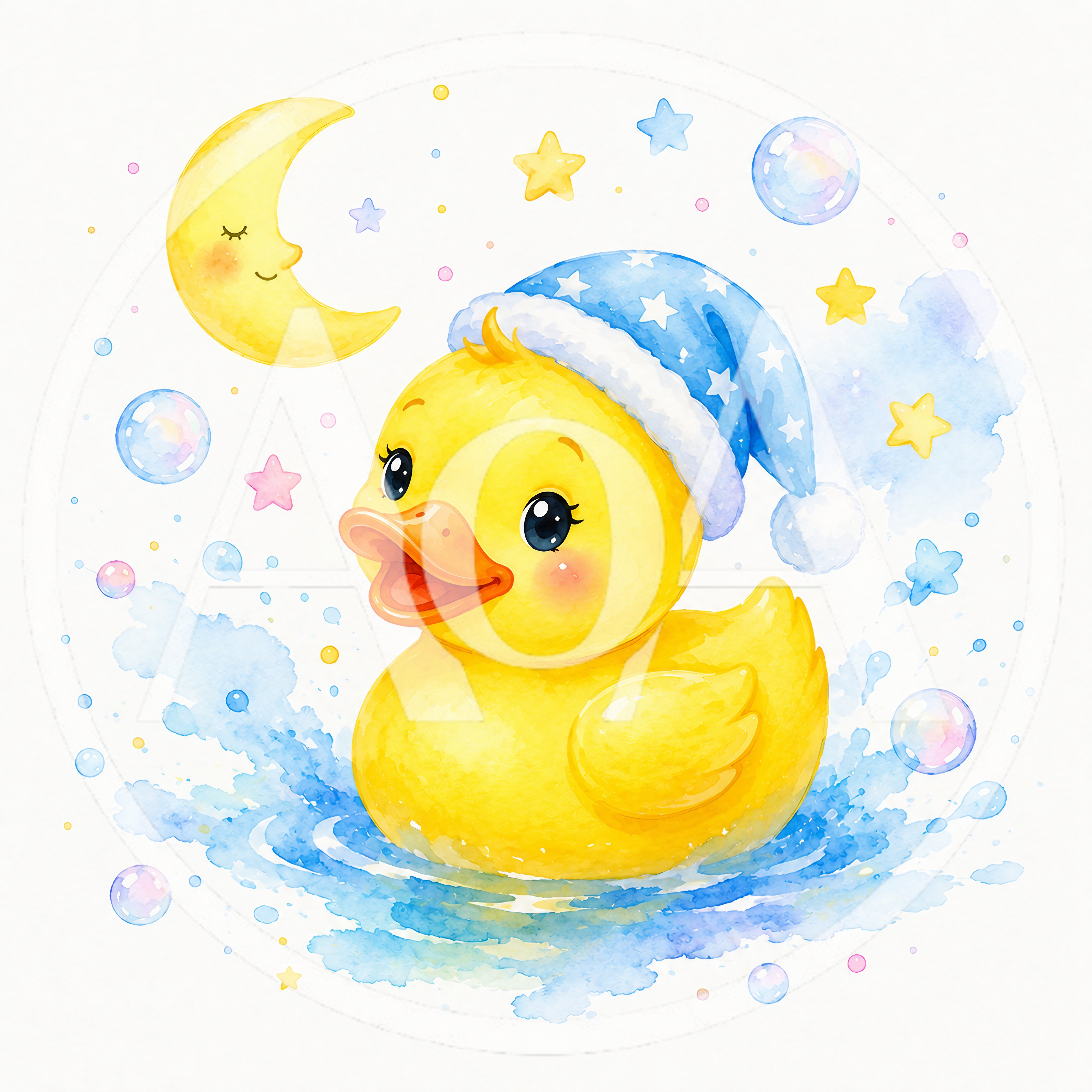 Cute Rubber Duck Wearing Nightcap In Watercolor Style