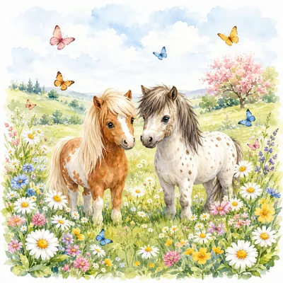 Two Cute Ponies Standing in a Wildflower Meadow