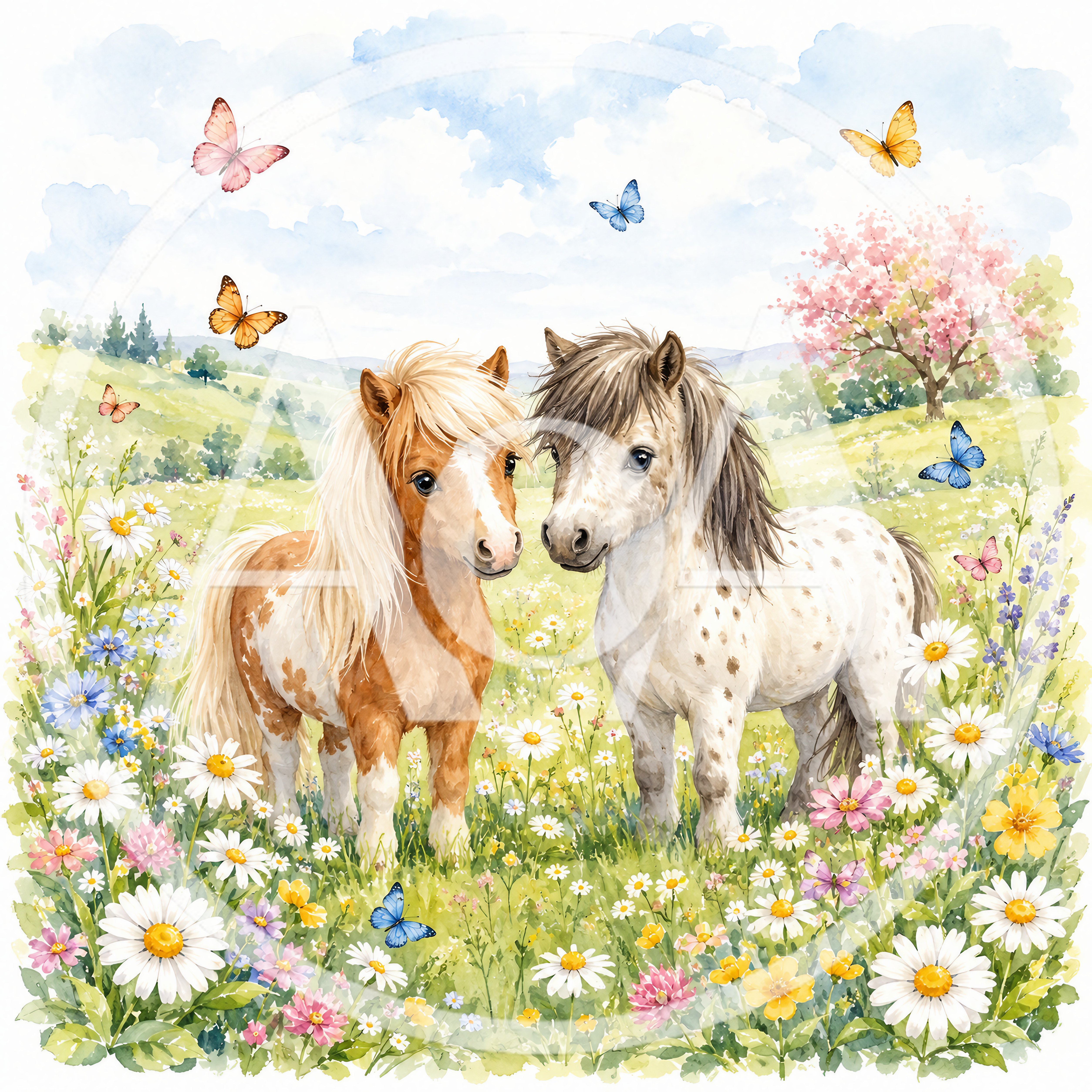 Two Cute Ponies Standing in a Wildflower Meadow